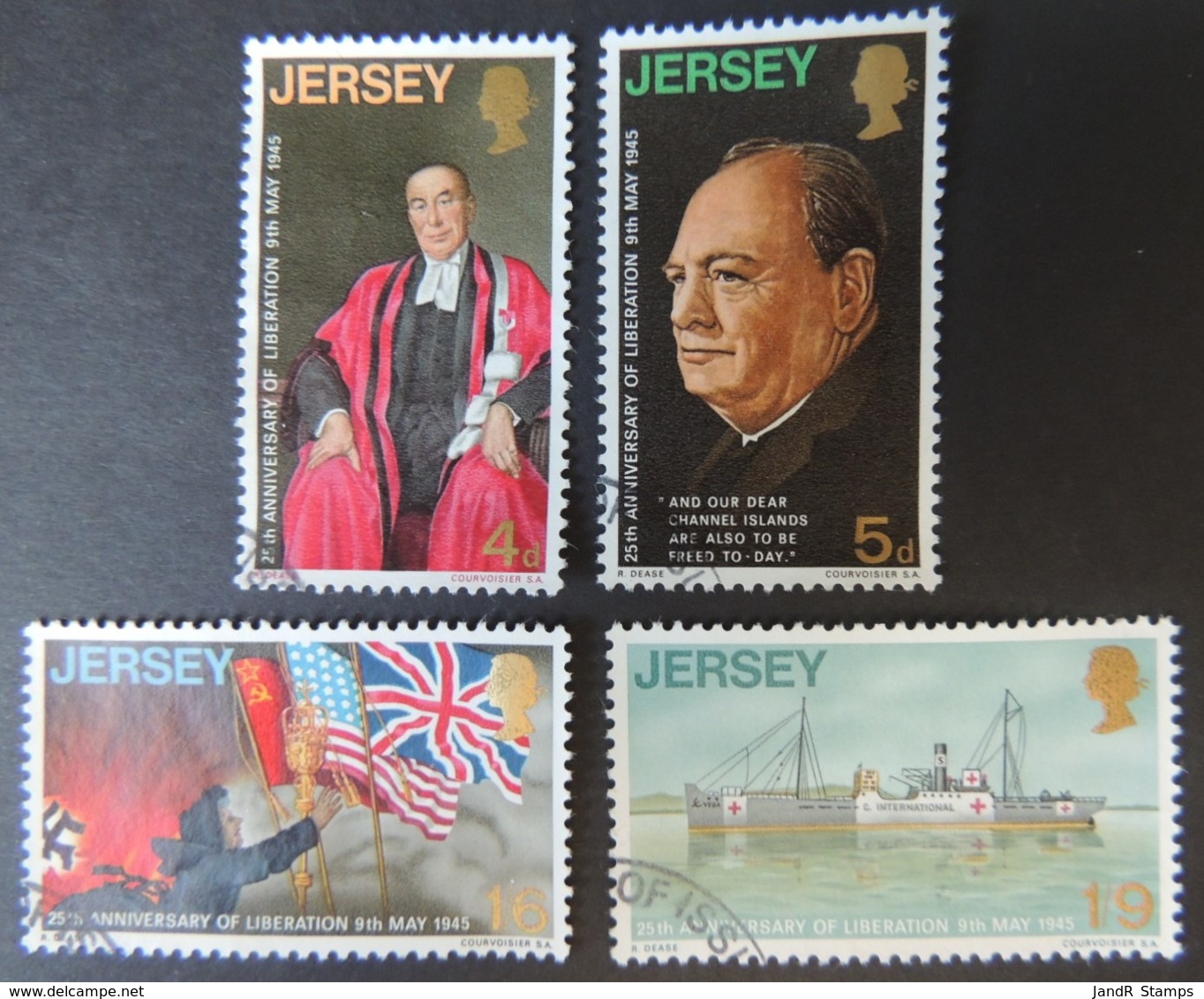 JERSEY 1970 ANNIVERSARY OF LIBERATION SET OF 4 VFU CHURCHILL JAMES GUNN ART FLAGS SHIPS - Jersey