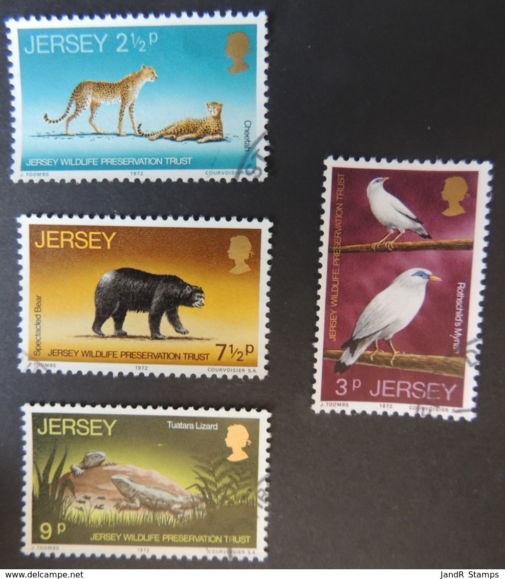 JERSEY 1972 WILDLIFE PRESERVATION TRUST SET OF 4 VFU ANIMALS CHEETAH BIRDS MYNAH BEARS TUATARAR - Jersey