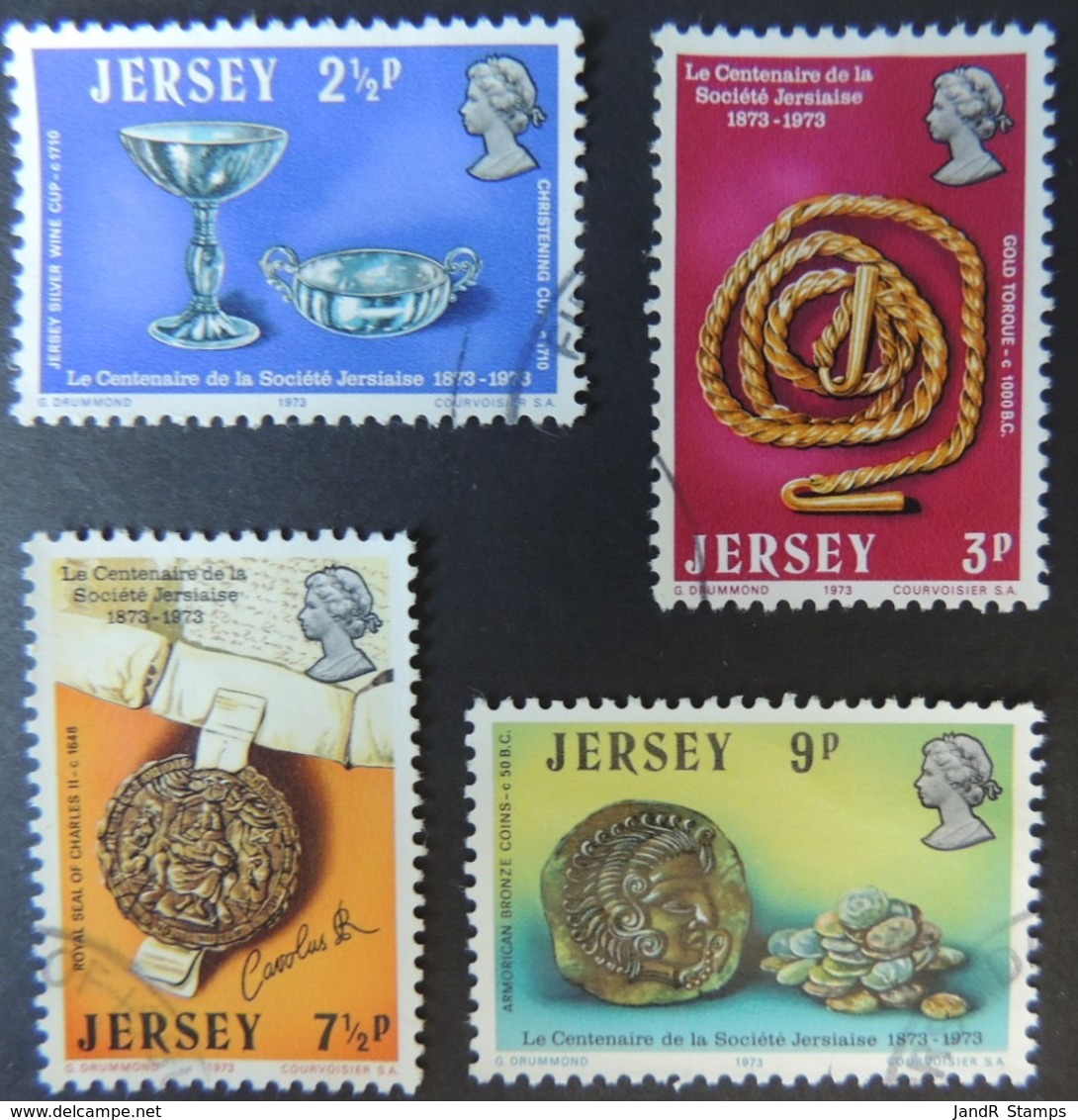 JERSEY 1973 CENTENARY OF LA SOCIETE JERSIAISE SET OF 4 VFU COINS ARTEFACTS ROYAL SEAL - Jersey