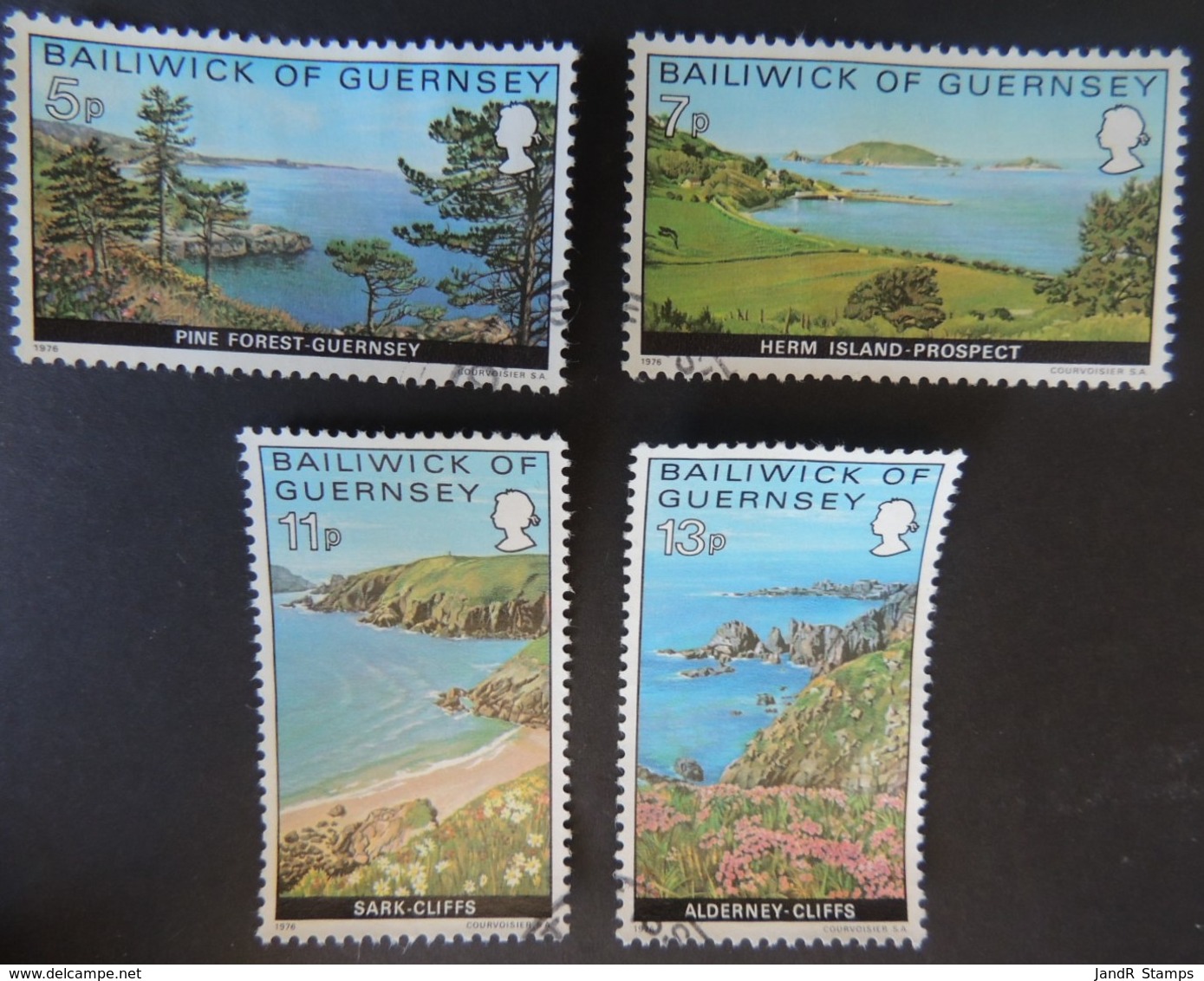 GUERNSEY 1976 VIEWS SET OF 4 VFU PINE FOREST HERM JETHOU GRAND GREVE BAY SARK TROIS VAUX BAY ALDERNEY - Guernsey