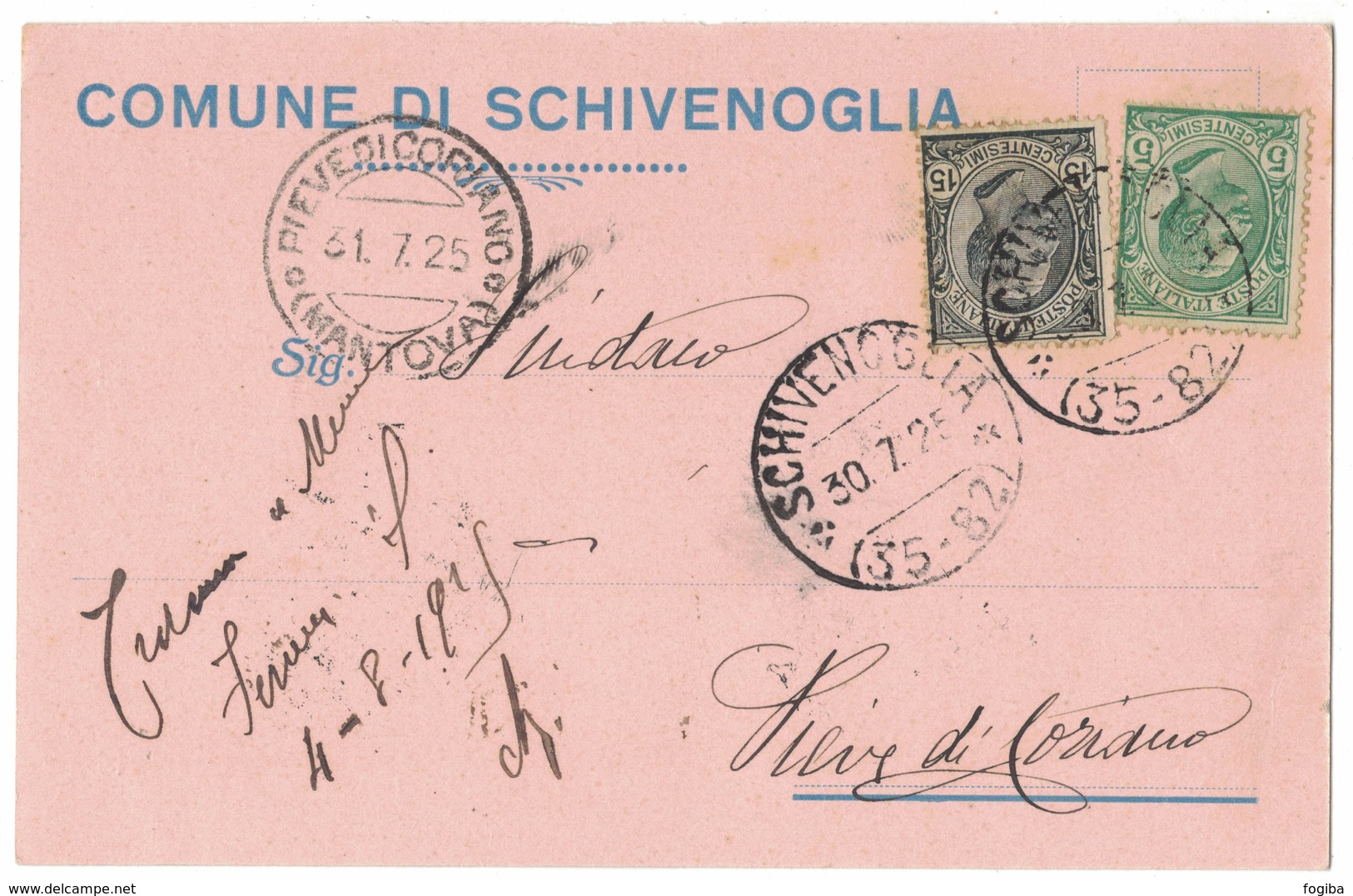 AP8    Regno 1925 Cartolina Comune Di Schivenoglia Con Annullo Frazionario Per Pieve Di Coriano - Marcophilia