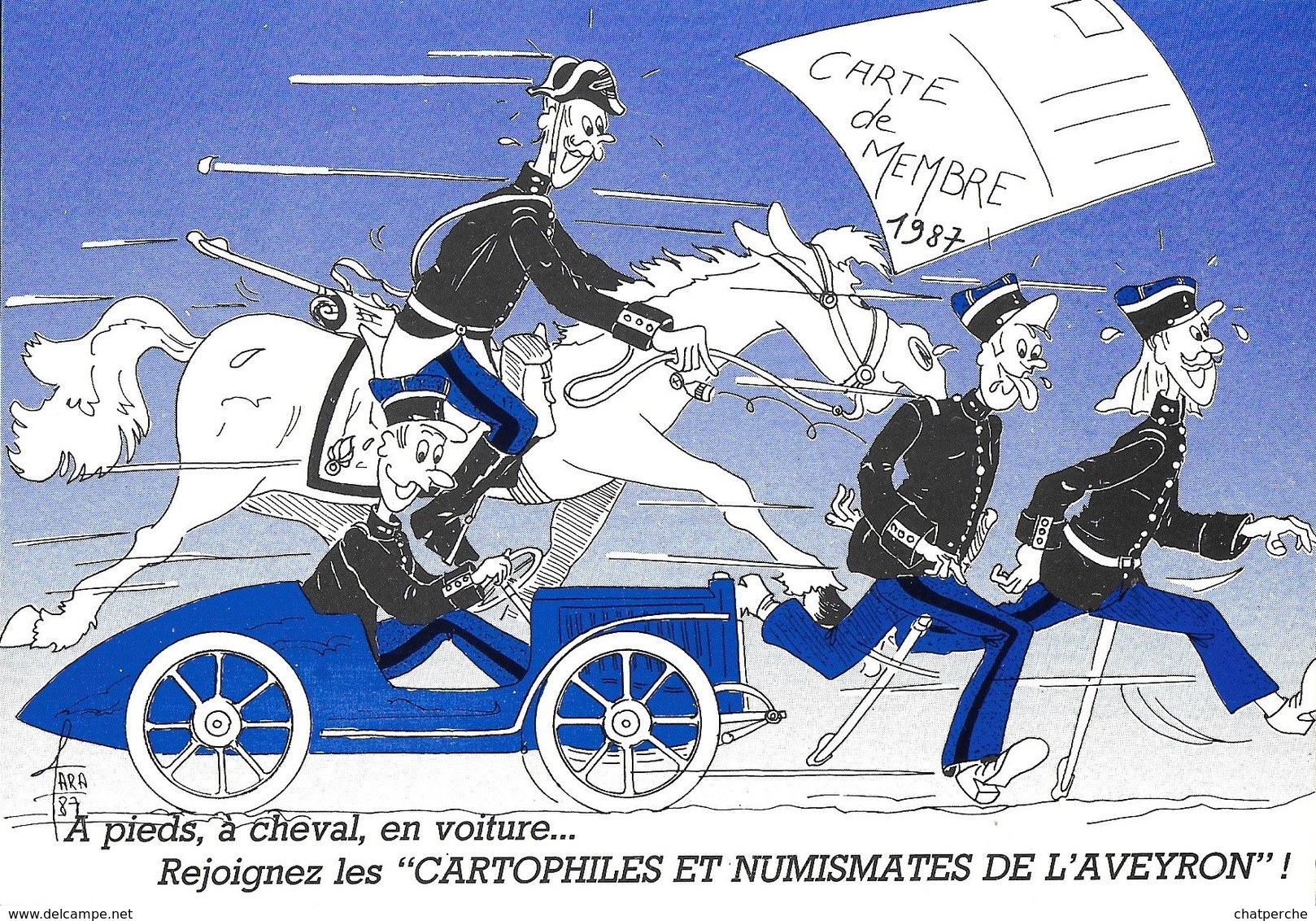 ILLUSTRATEUR ROBERT FARABOZ  A PIED A CHEVAL EN VOITURE "CARTOPHILES ET NUMISMATES AVEYRON GENDARMERIE  CARTE MEMBRE - Autres & Non Classés