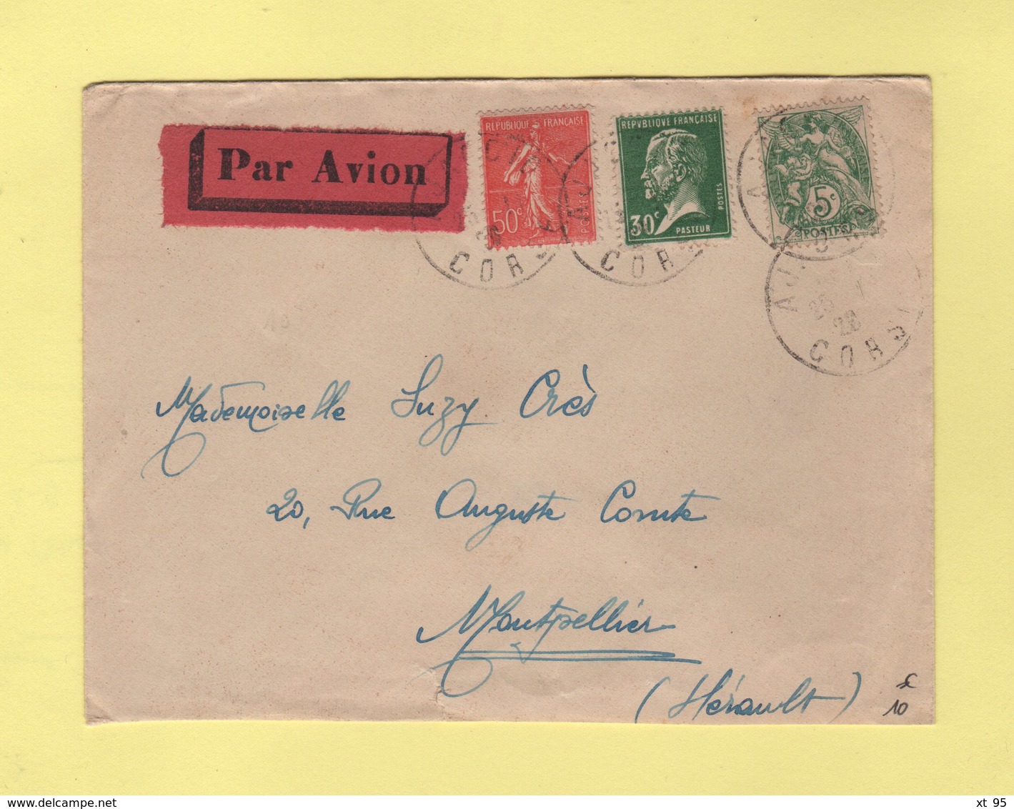 Ajaccio - Corse - Par Avion Destination Montpellier - 25-11-1929 - 1960-.... Briefe & Dokumente