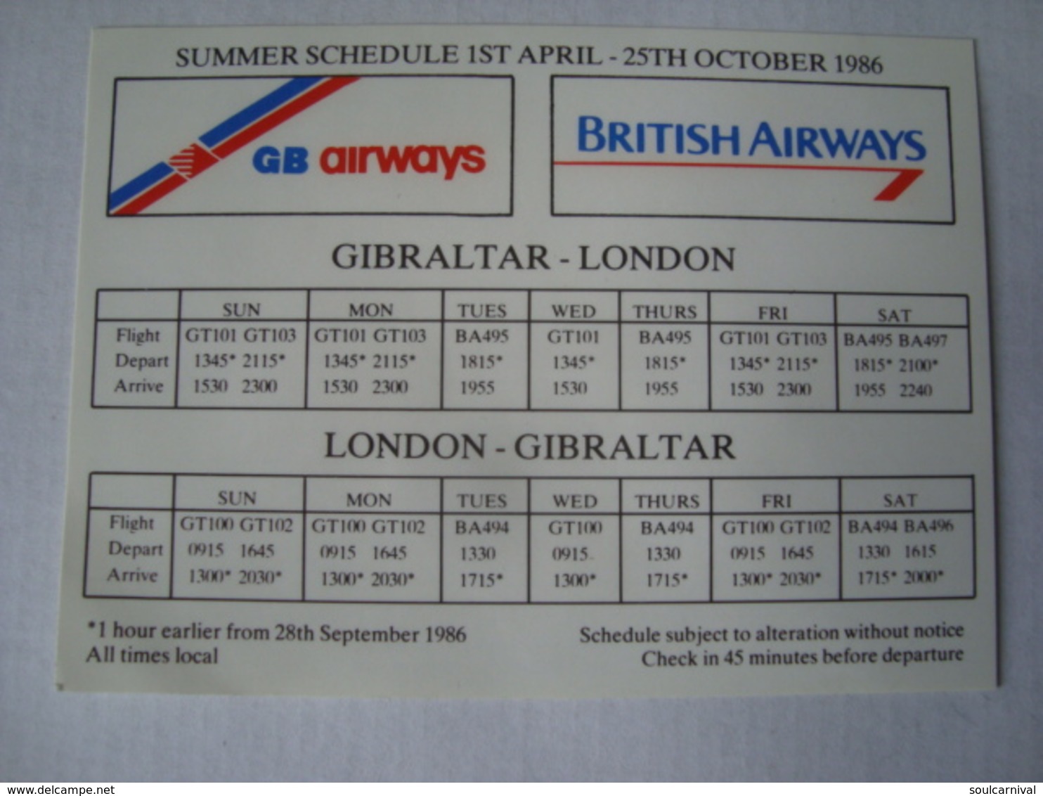 BRITISH AIRWAYS / GB AIRWAYS. SUMMER SCHEDULE - ENGLAND, 1986. - Zeitpläne