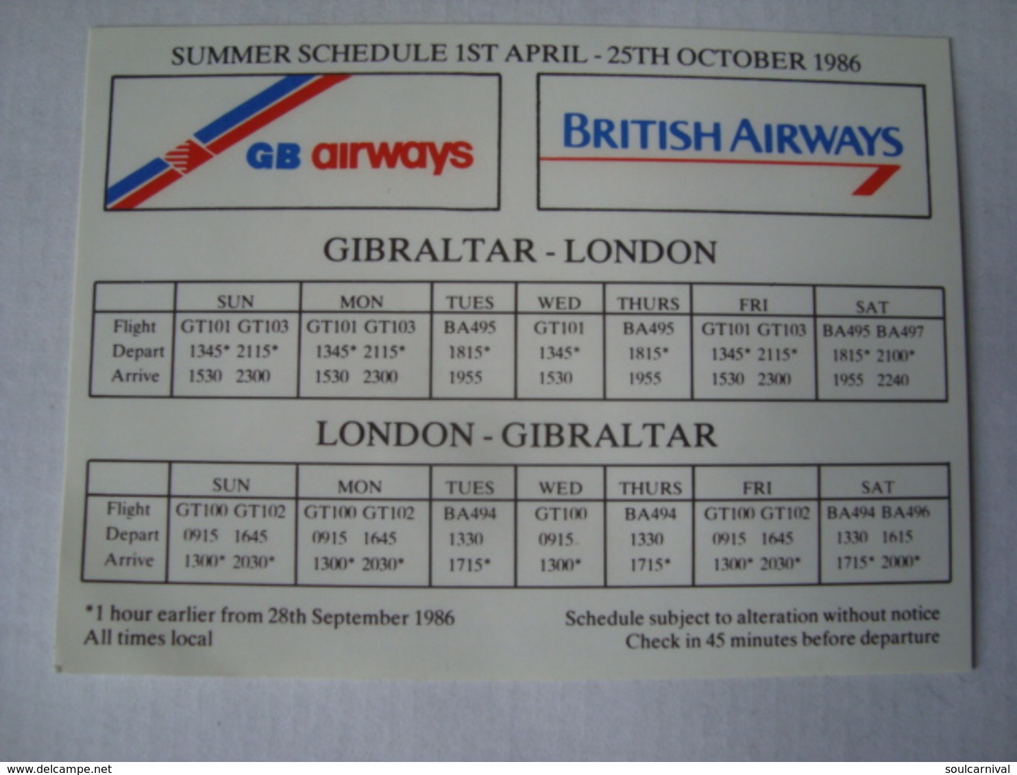 BRITISH AIRWAYS / GB AIRWAYS. SUMMER SCHEDULE - ENGLAND, 1986. - Horarios