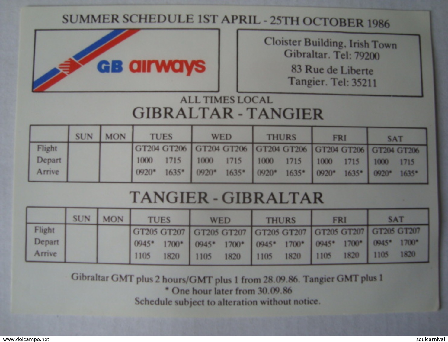 BRITISH AIRWAYS / GB AIRWAYS. SUMMER SCHEDULE - ENGLAND, 1986. - Horaires