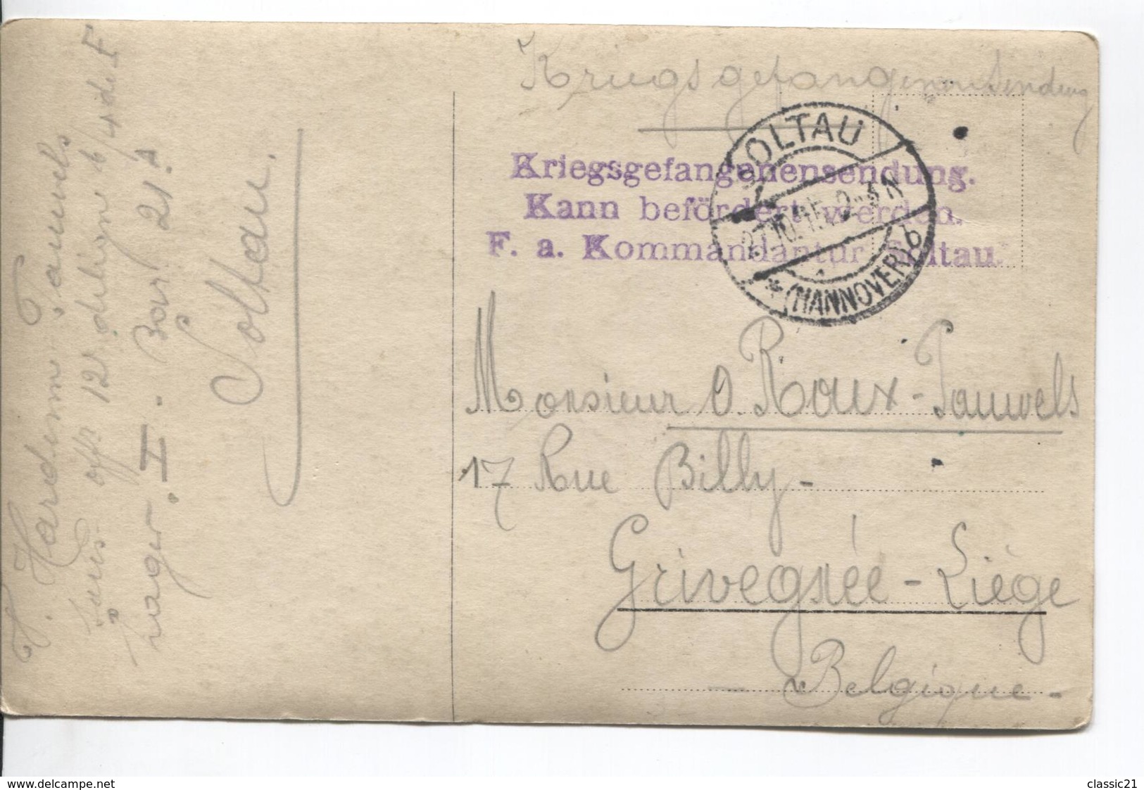 2934/ CP Groupe De Soldats PDG-POW C.Soltau 1915 Griffe Mauve Censure V.Grivegnée - Kriegsgefangenschaft