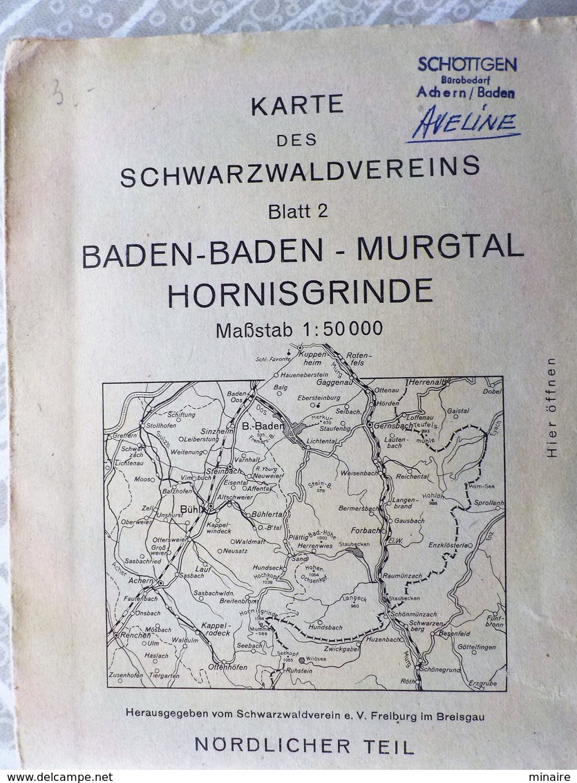 Karte 1 /50 000° BADEN-BADEN, MURGTAL - HORNISGRINDE- 1956 ( Buhl, Gernsbach, Enzklösterle, Gaggenau, Achern, - Cartes Topographiques