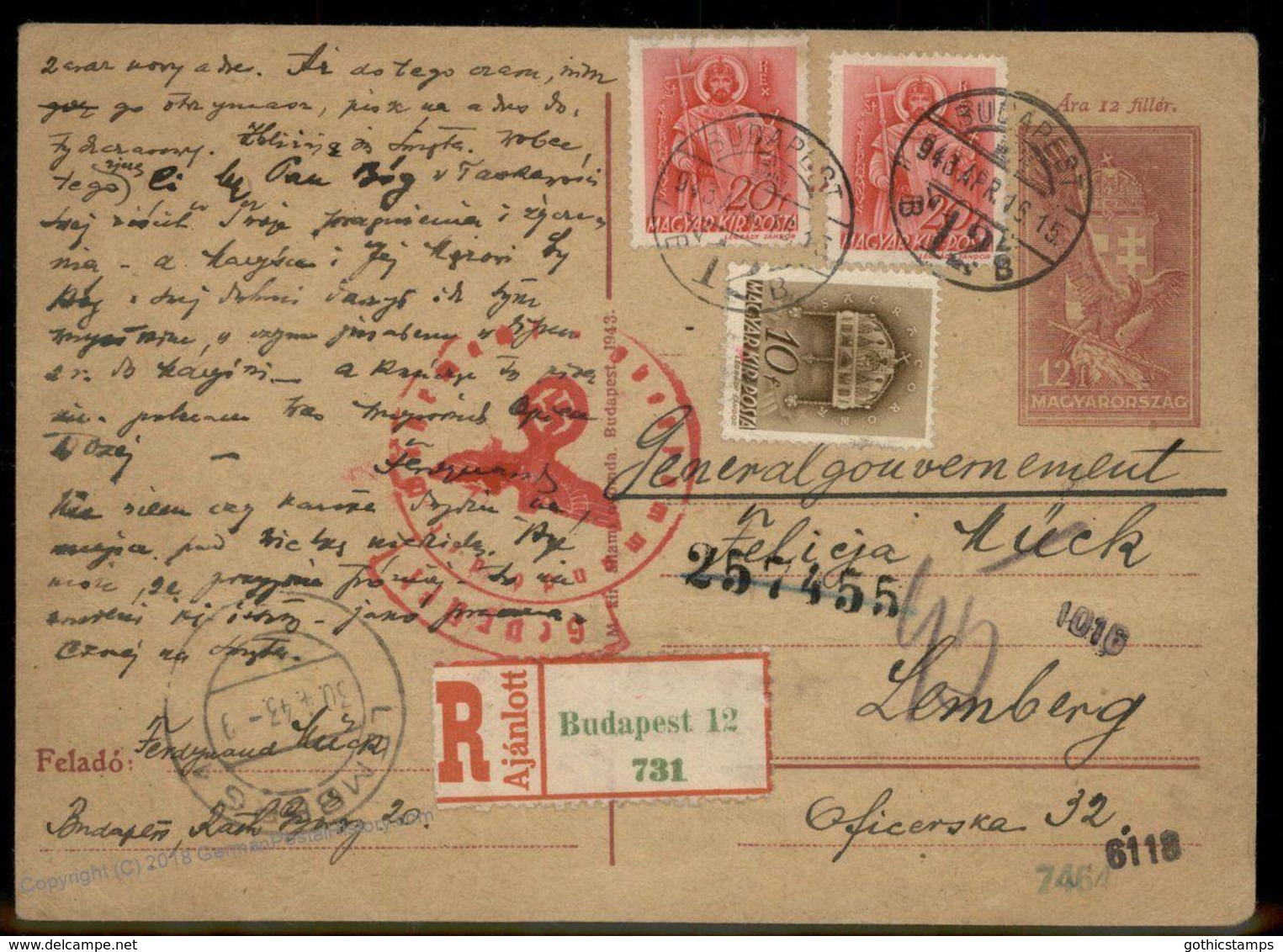 Hungary 1943 Upfranked Registered Postal Card To Lemberg GGov Poland Cover 91450 - Autres & Non Classés