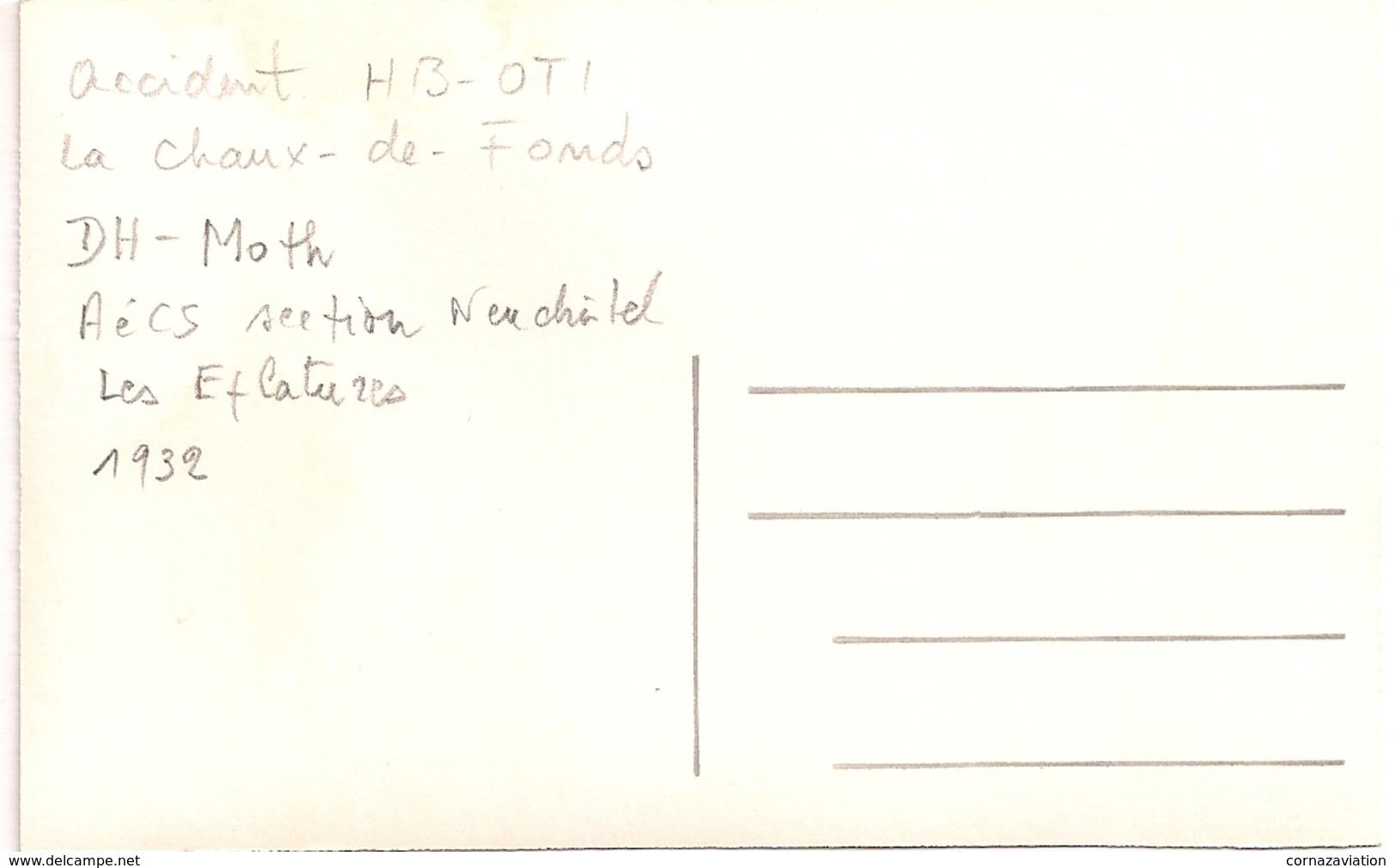 Aviation - Avion HB-OTI - Accident  DH-Moth - Les Eplatures - La Chaux-de-Fonds - Lot De 4 Cartes - Accidents