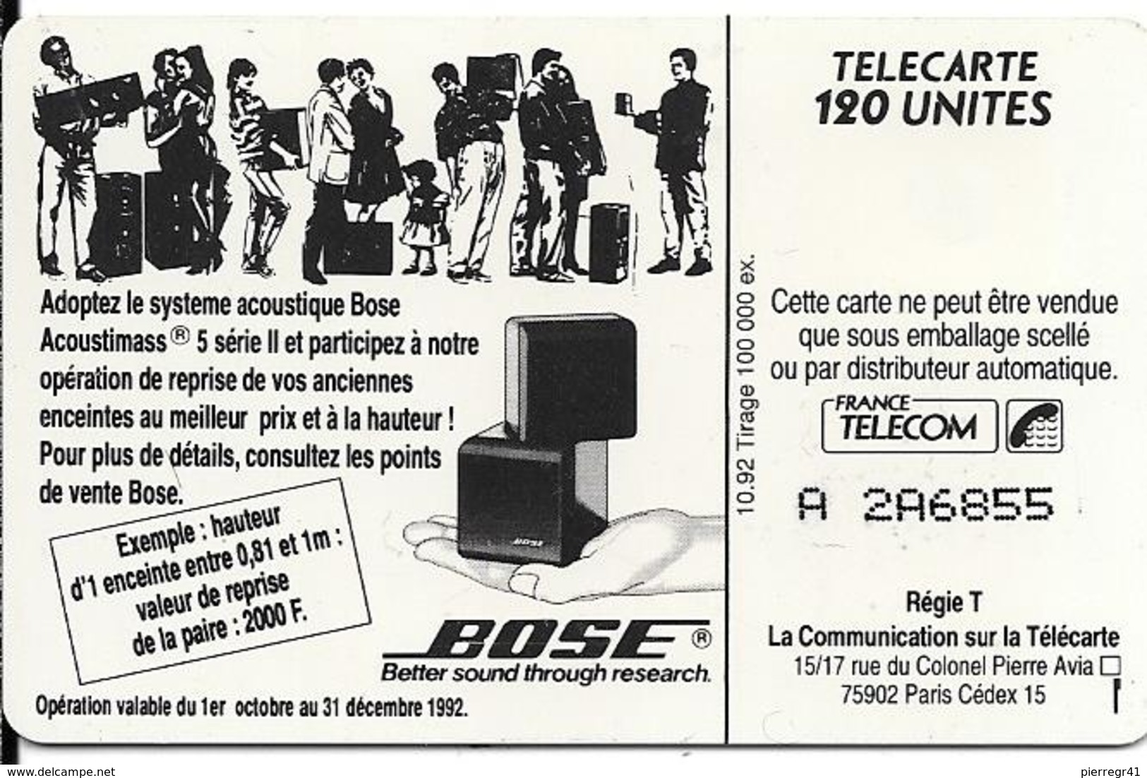 CARTE-PUBLIC-120U-10/92 -F-302-SERIE BOSE-VIOLONCELLE-2 Arrondi-N°A2A6855-UTILISE-TBE- - 1992