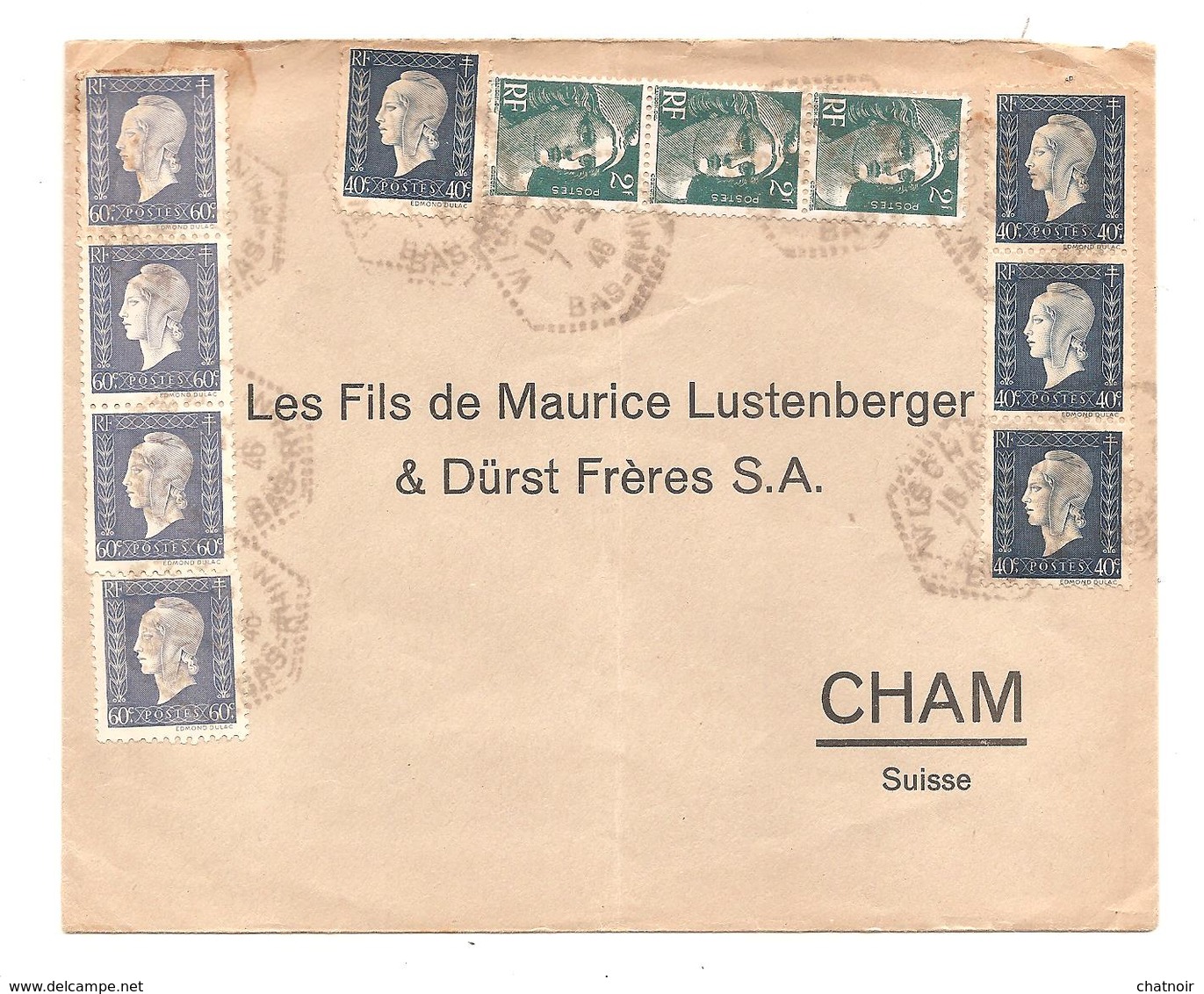 Enveloppe WISCHERS  BAS RHIN   1946  / 40C X 3 DULAC  / 40C DULAC /60C X 4 DULAC /2 F GANDON X 3 Pour La Suisse - 1944-45 Marianne (Dulac)