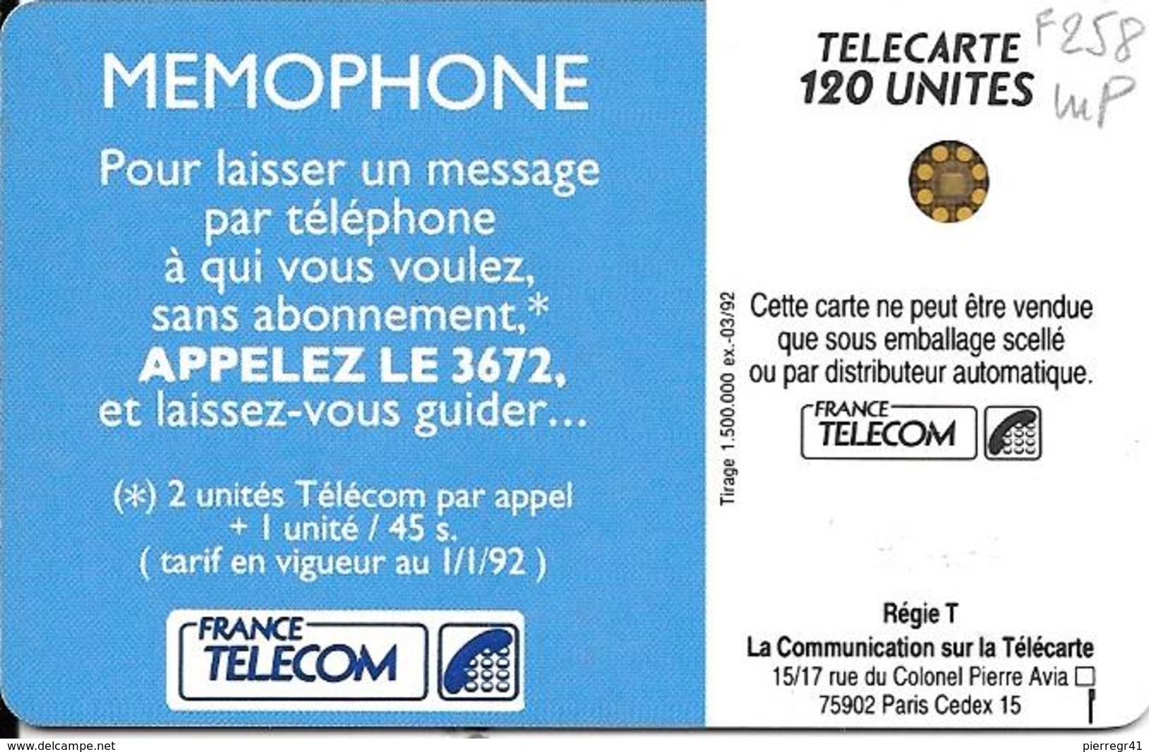 CARTE-120U -F258.522-SC4-Trou-6-03/92-MEMOPHONE-V°5 Impacts 37494-UTILISE-TBE - 1992