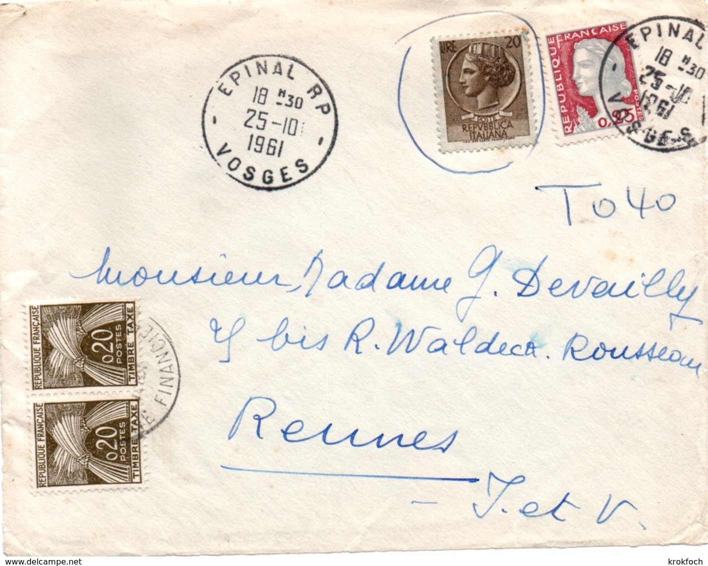 Epinal 1961 - Lettre Taxée 0,40 F Pour Emploi D'un Timbre Italien Avec Marianne Decaris YT 1263 - !!! Devant De Lettre ! - 1859-1959 Lettres & Documents