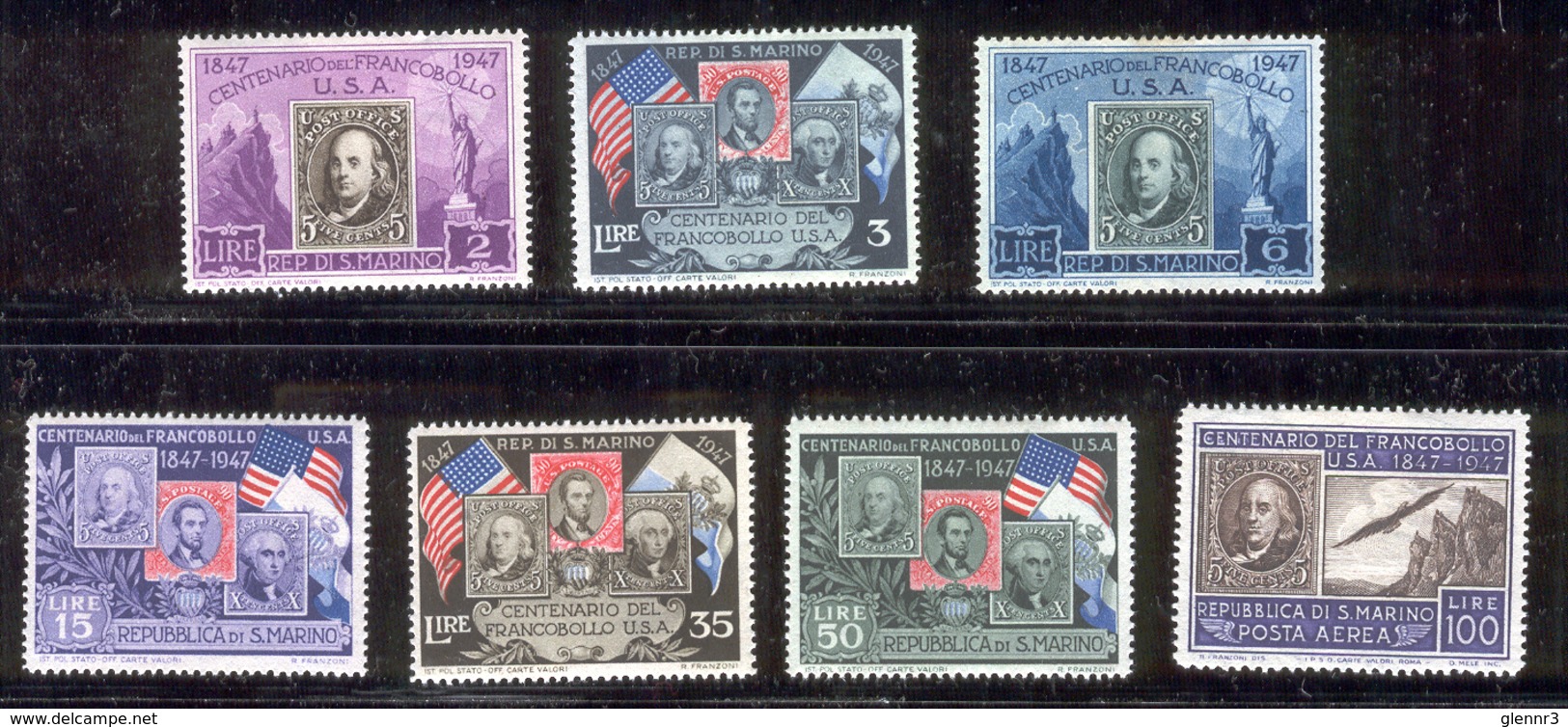 SAN MARINO 1947 U.S. Stamps On Stamps Scott Cat. No(s). 266-271, C55 - Unused Stamps