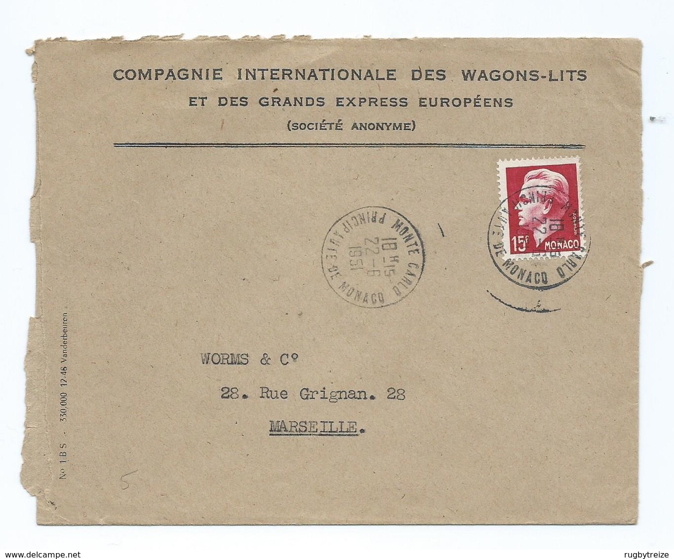 3107 Monaco Compagnie Internationale Des Wagons Lits 1951 Monte Carlo YT 348 Rainier III Pour Marseille WORMS - Storia Postale