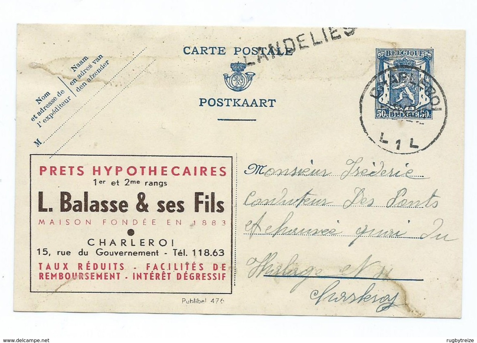 3109 - Entier Belgique BALASSE Charleroi Griffe Linéaire Landelies Leernes - Tarjetas 1934-1951