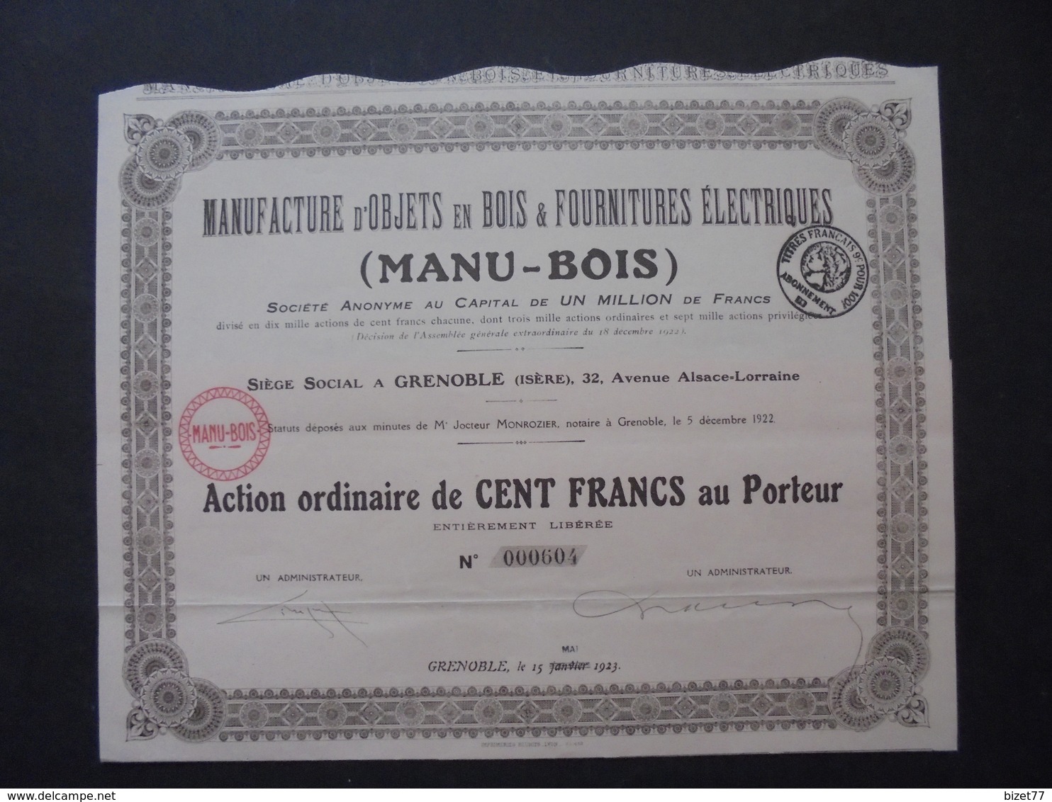 ISERE, GRENOBLE 1923 - MANUFATURE D'OBJETS EN BOIS : MANU BOIS - ACTION ORDINAIRE 100 FRS - Other & Unclassified