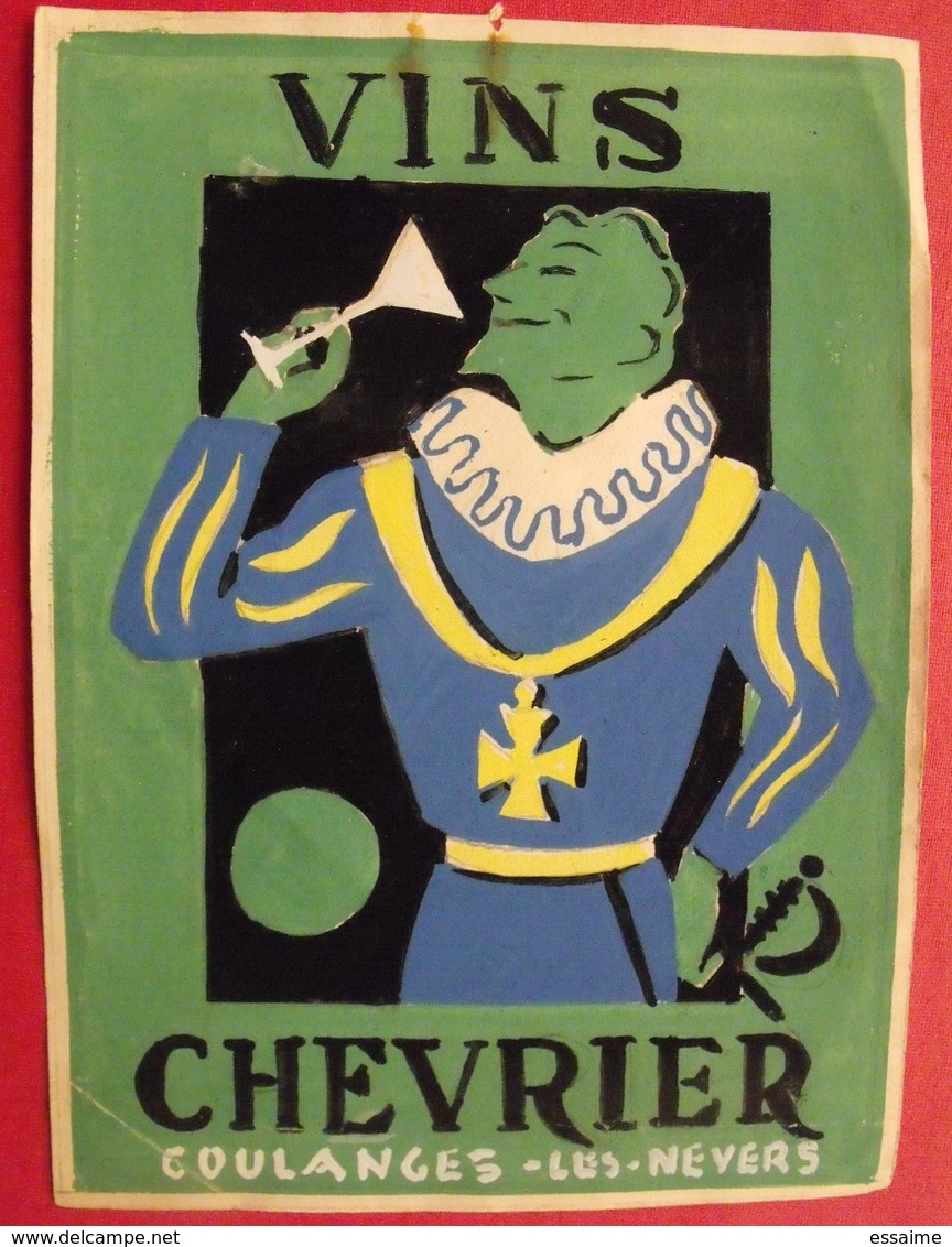 Maquette Gouache D'une étiquette De Vin. Vins Chevrier. Coulanges-les-Nevers. Dejoie Vers 1960 - Alcohols