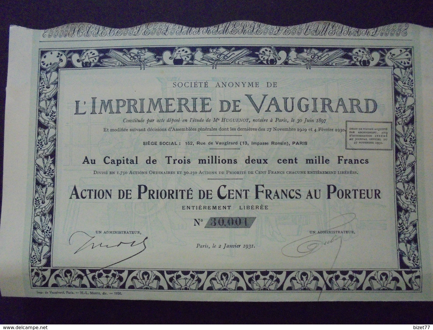 IMPRIMERIE DE VAUGIRARD - ACTION DE PRIORITE DE 100 FRS - PARIS 1931 - ILLUSTRATION ART DECO - Other & Unclassified