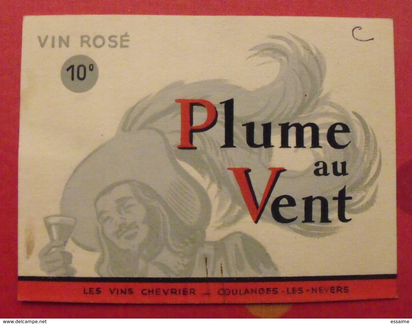 Maquette Gouache D'une étiquette De Vin. Plume Au Vent. Vins Chevrier Coulanges-les-Nevers. Dejoie Vers 1950-60 - Alcools