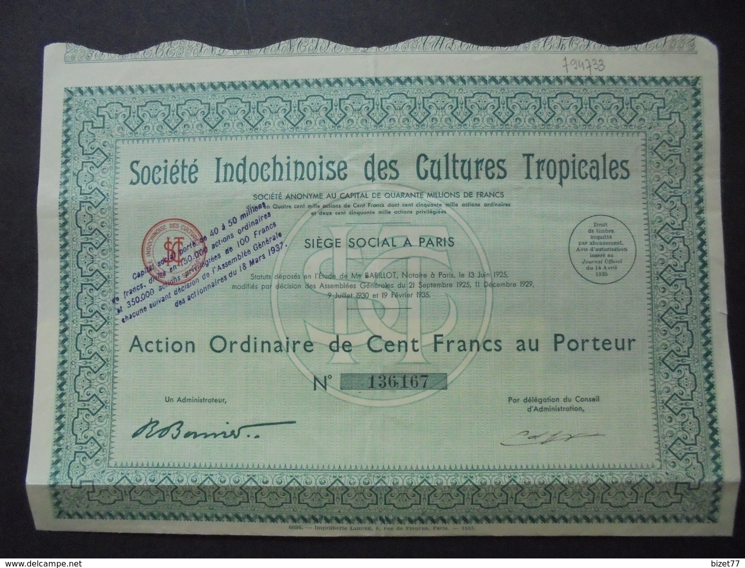 INDOCHINE - STE INDOCHINOISE DES CULTURES TROPICALES - ACTION ORDINAIRE DE 100 FRS - PARIS 1935 - Other & Unclassified