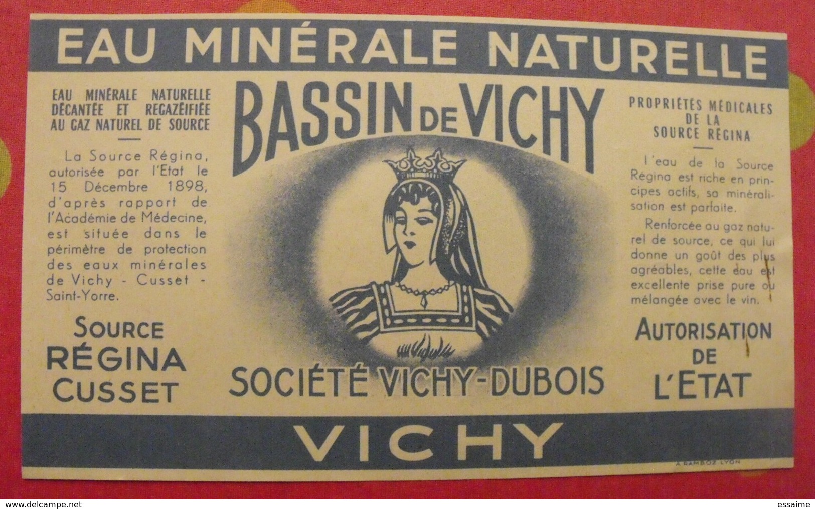 étiquette Eau Minérale Naturelle. Bassin De Vichy. Vichy-Dubois. Source Régina Cusset. Vers 1960 - Publicités