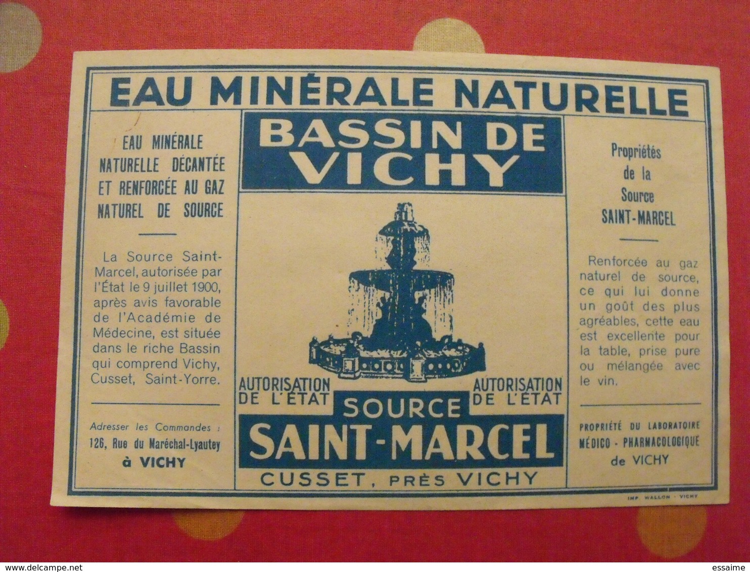 étiquette Eau Minérale Naturelle. Bassin De Vichy.  Source Saint-Marcel Cusset. Vers 1960 - Publicités