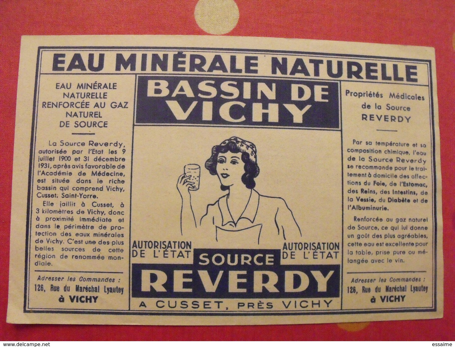 étiquette Eau Minérale Naturelle. Bassin De Vichy.  Source Reverdy Cusset. Vers 1960 - Publicités
