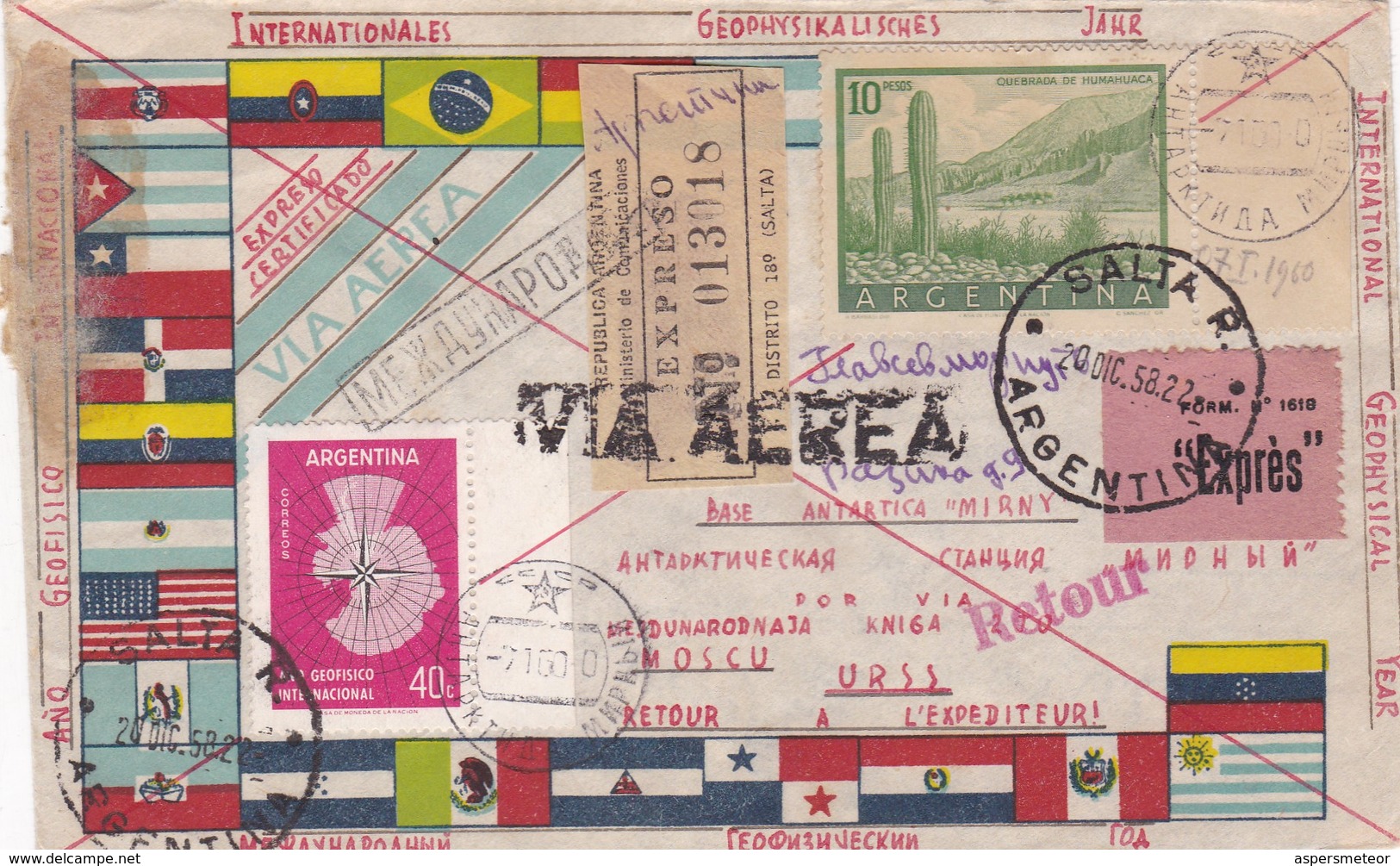 ENVELOPPE CIRCULEE SALTA (ARGENTINE) A BASE ANTARTICA RUSA MIRNY 1958 VIA AEREA RETOUR RARE - BLEUP - International Geophysical Year