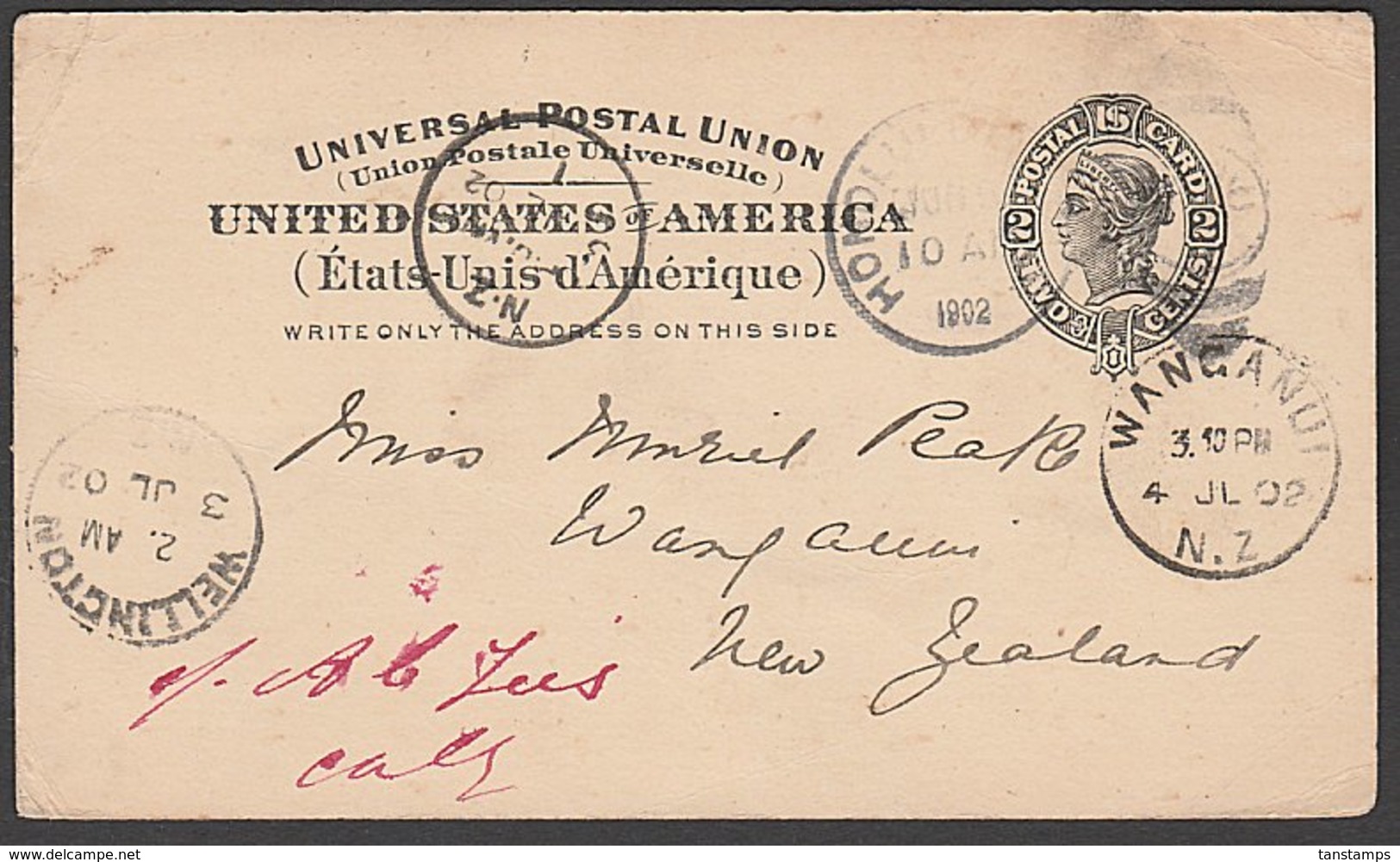 US HAWAII HONOLULU - NEW ZEALAND US POSTAL CARD POSTED 1902 - Hawaï