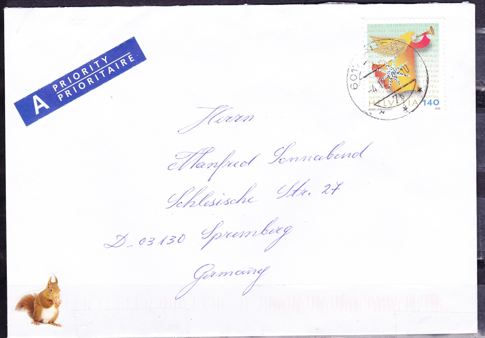 SWITZERLAND 2010 COVER TO GERMANY CHRISTMAS ANGEL PLAYING TRUMPET PRIORITY SERVICE CHIPMUNK STICKER - Lettres & Documents