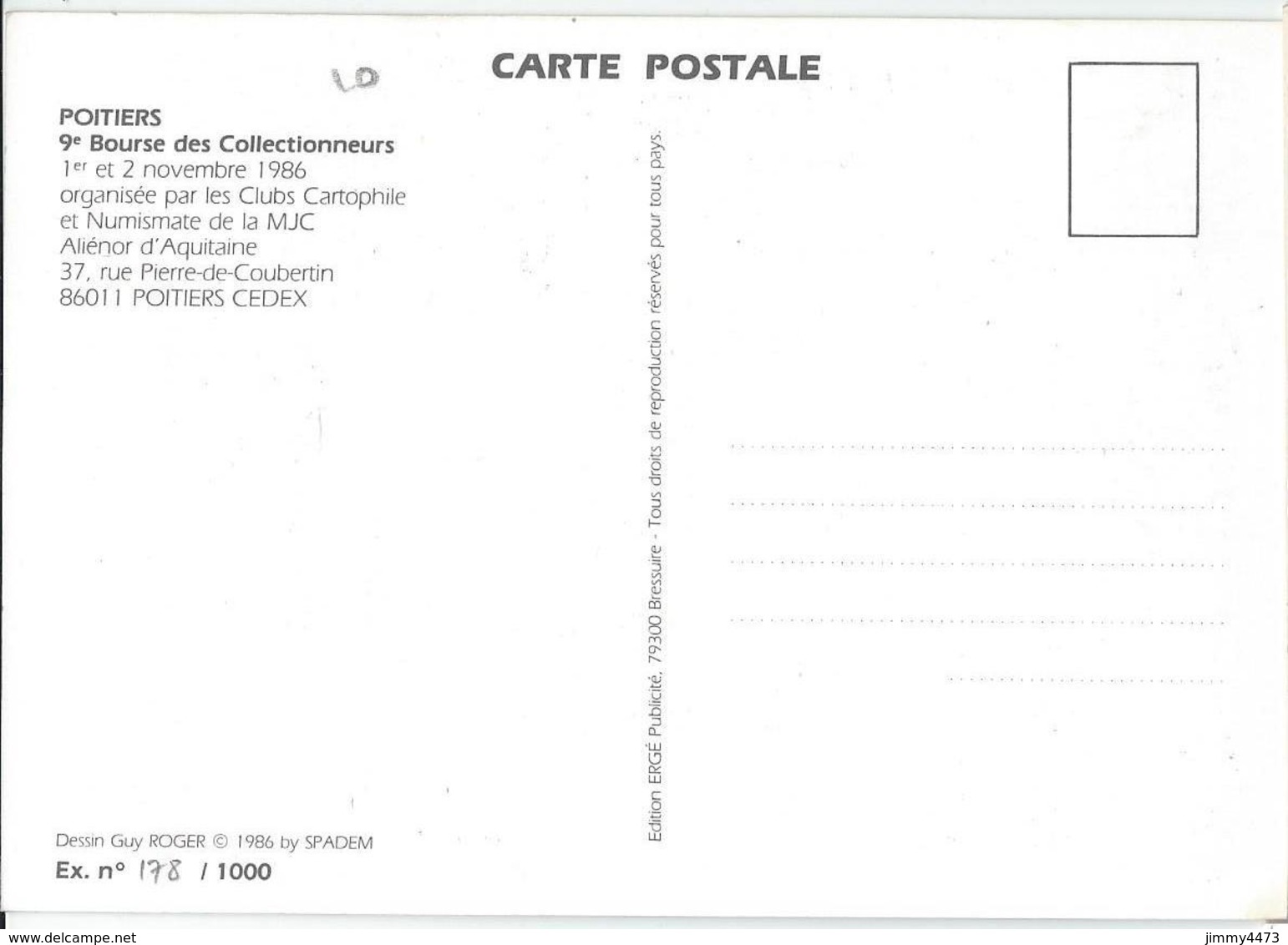 CPM - POITIERS 86 Vienne - 9è BOURSE DES COLLECTIONNEURS Nov. 1986 - Carte Numérotée 178 / 1000 Ex. Edit. Ergé Publicité - Bourses & Salons De Collections