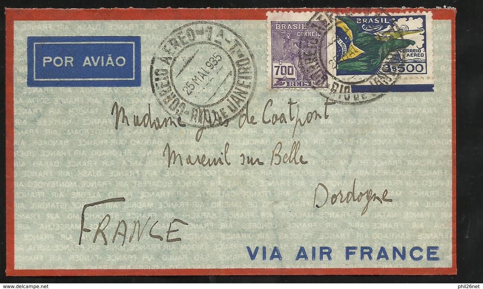 Lettre Avion Air France Rio De Janeiro Le 25/05/1935  N°207 Et PA N°31 Arrivée Mareuil Sur Belle Le 03/06/1935   B/TB - Covers & Documents