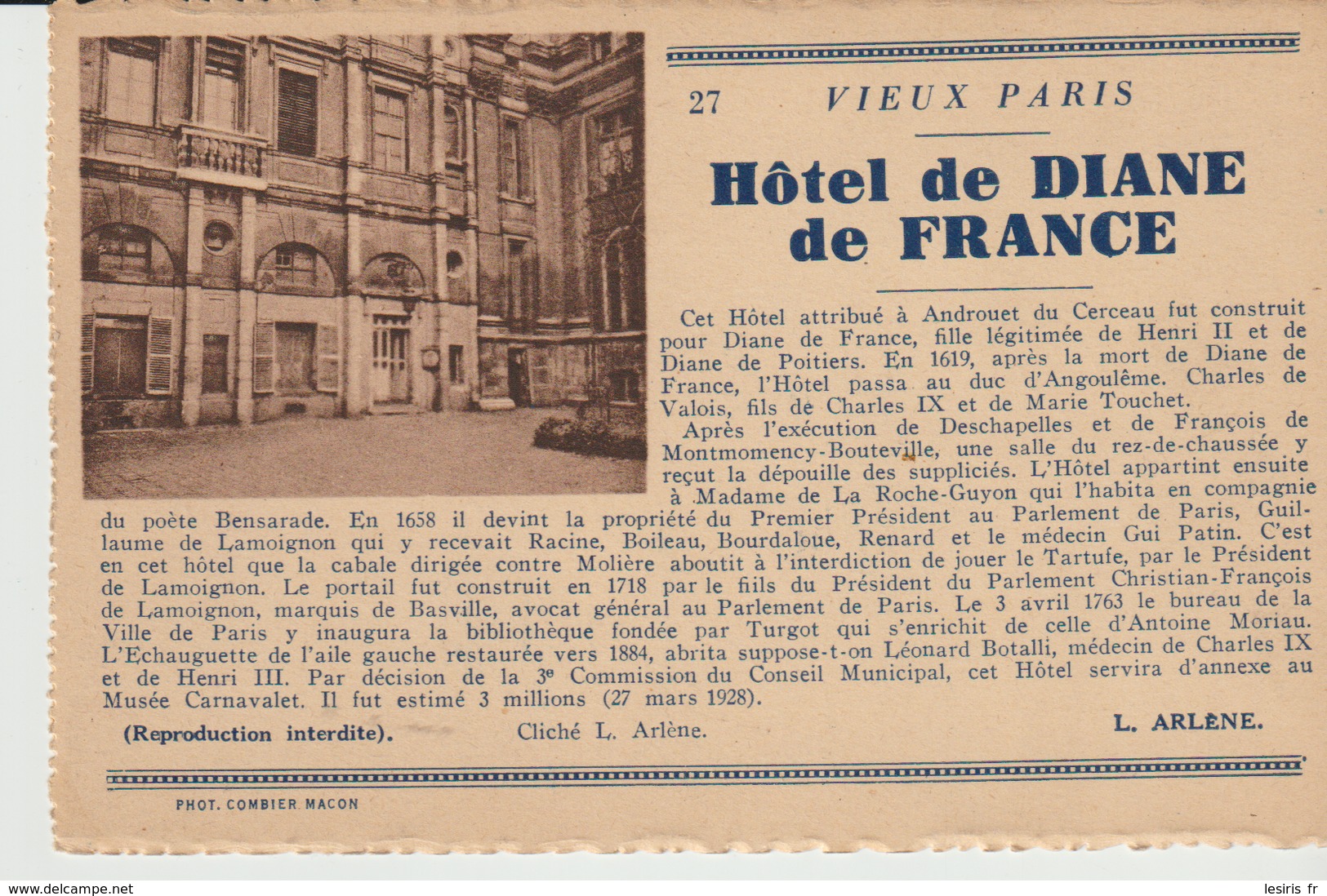 CPA - VIEUX PARIS - HOTEL DIANE DE FRANCE - 27 - L. ARLENE - COMBIER - Pubs, Hotels, Restaurants