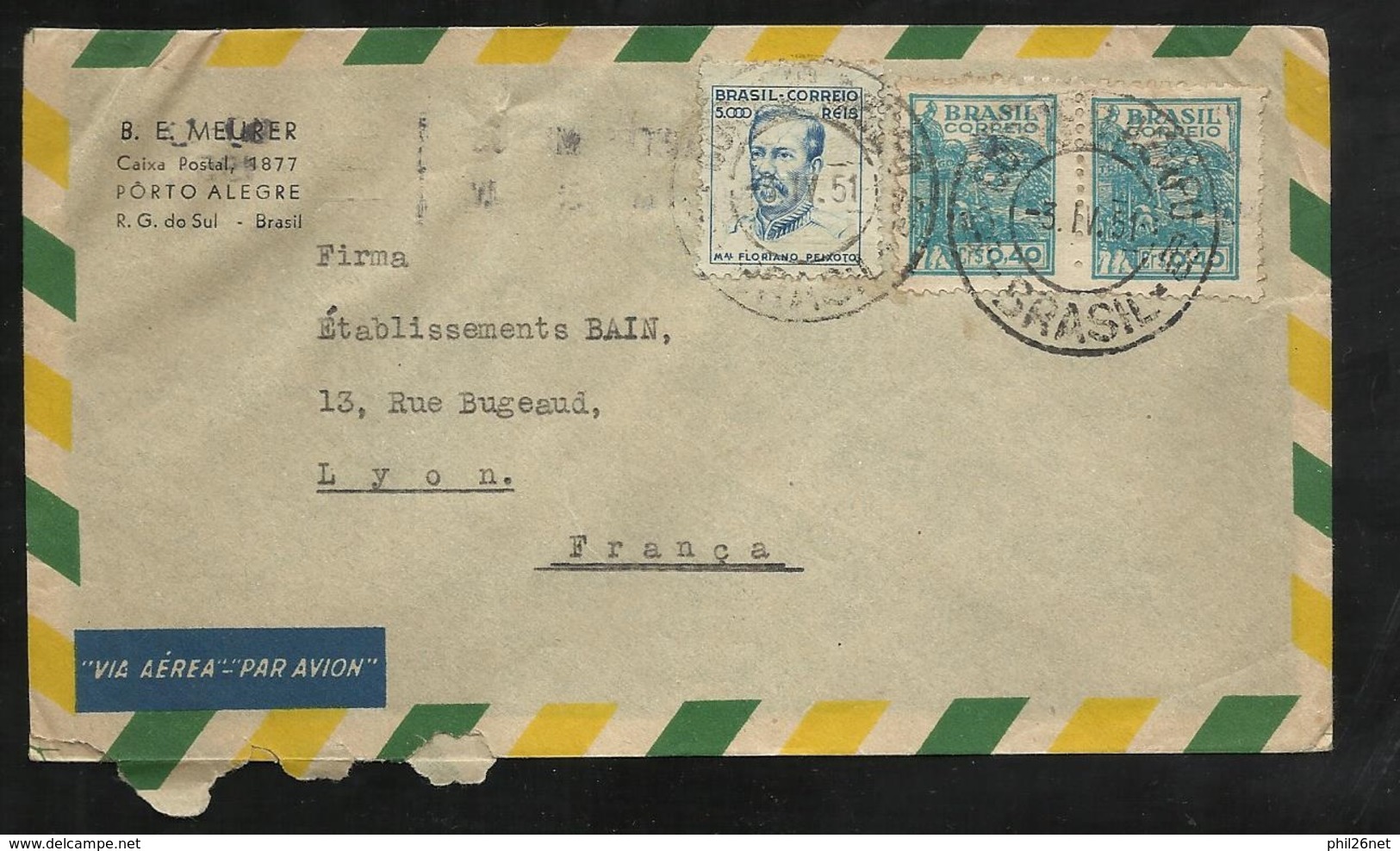 Lettre Avion B.E. Meurer Porto Alegre 03/4/1951 N° 393et 465B X 2 Pour Lyon Via Bordeaux 10/04 Flamme Grand Prix   B/ TB - Cartas & Documentos