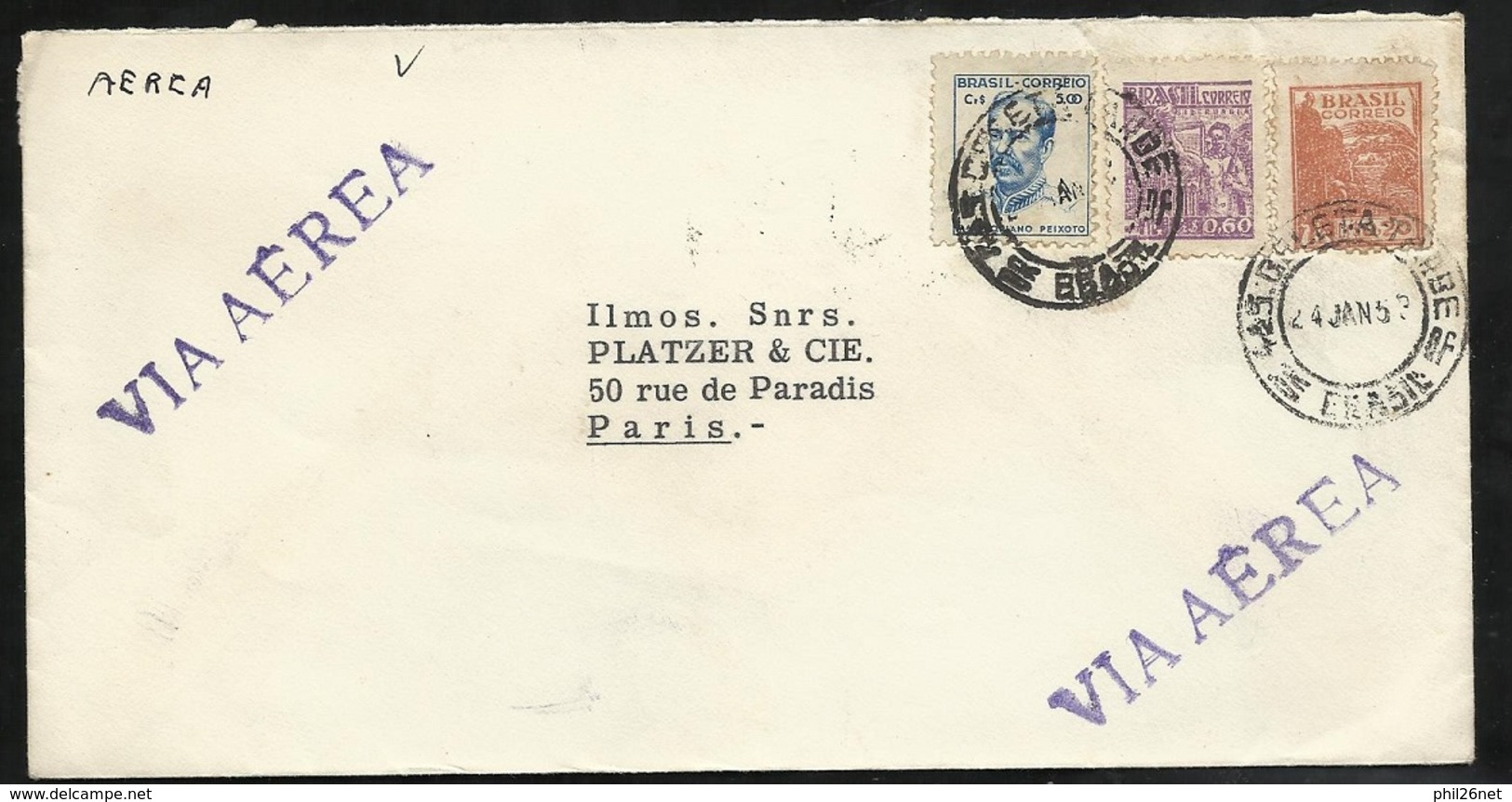 Lettre Par Avion Brésil Le 24/01/1953 Pour Paris Les N° 393; 465 Et 465D   B/TB - Lettres & Documents