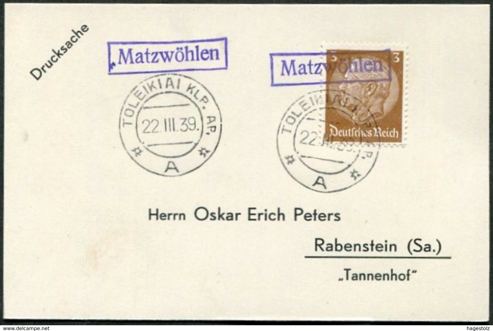 Memelland 1939 German Occupation Matzwöhlen TOLEIKIAI Pmk Card Lithuania Litauen Ostpreußen Memelgebiet East Prussia - Memelgebiet 1923