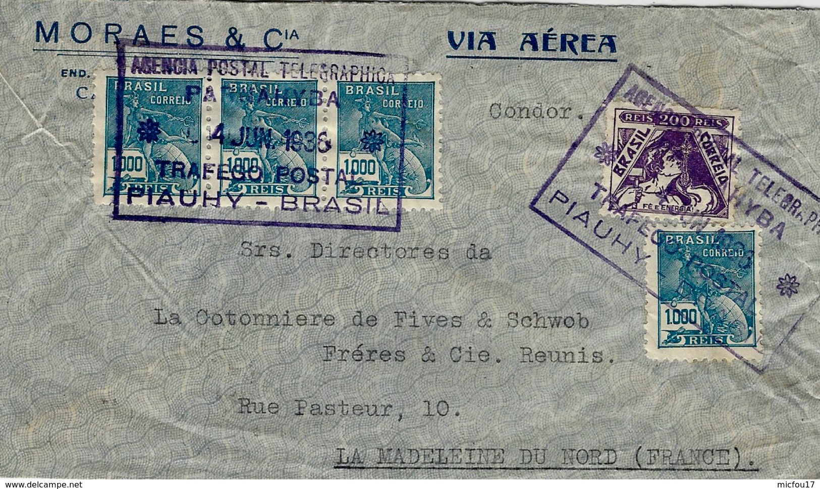 1936- Lettre CONDOR Affr. 4200 Reis Oblit. Agencia Postale Parnahyba   Pour La France - Luftpost (private Gesellschaften)