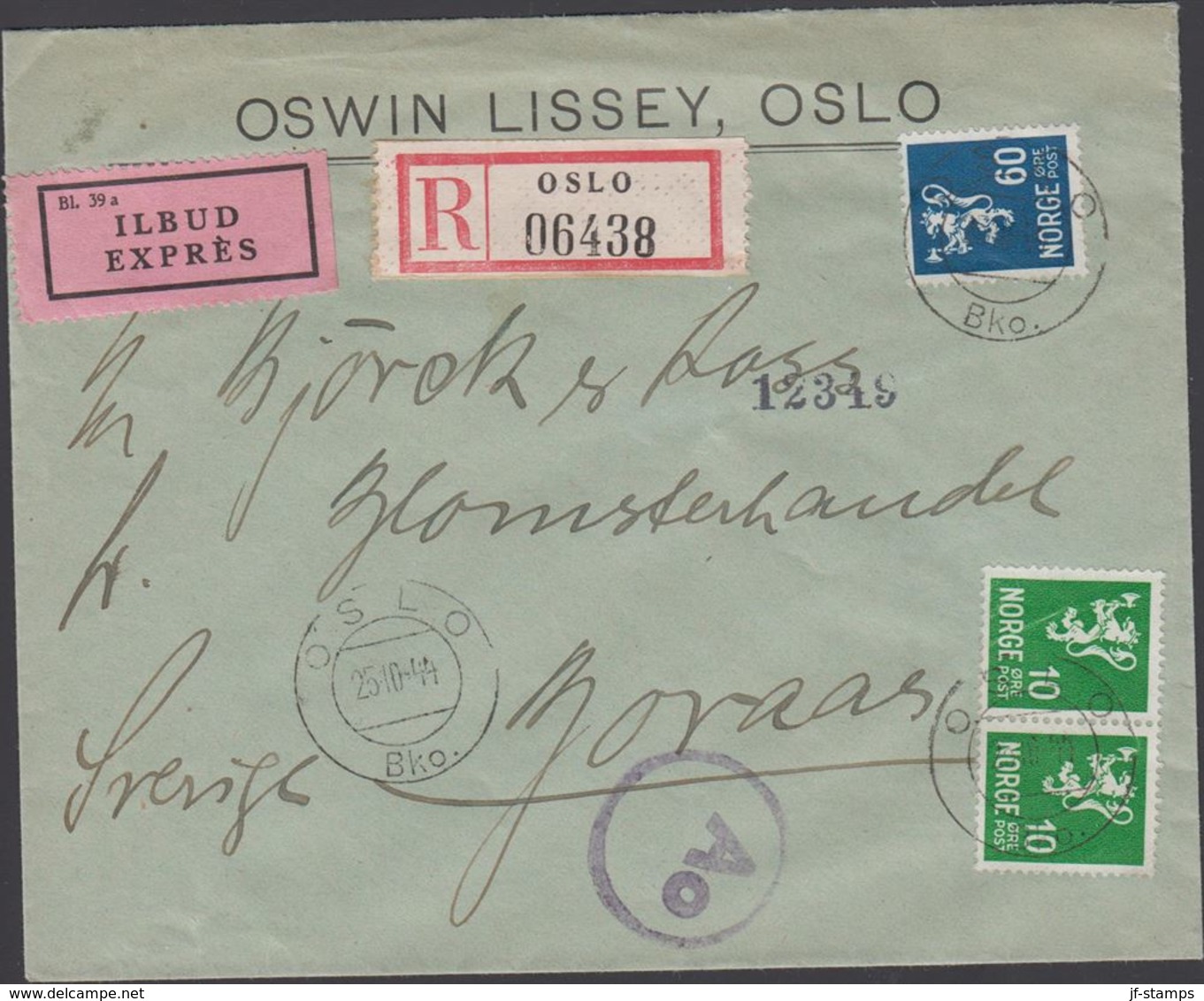 1944. Ao. Censor (Riemer O-31). OSLO Bko. 25.10-44 To Sverige. 2 X 10 ØRE + 60 ØRE. R... (MICHEL 220 + 230) - JF310320 - Brieven En Documenten