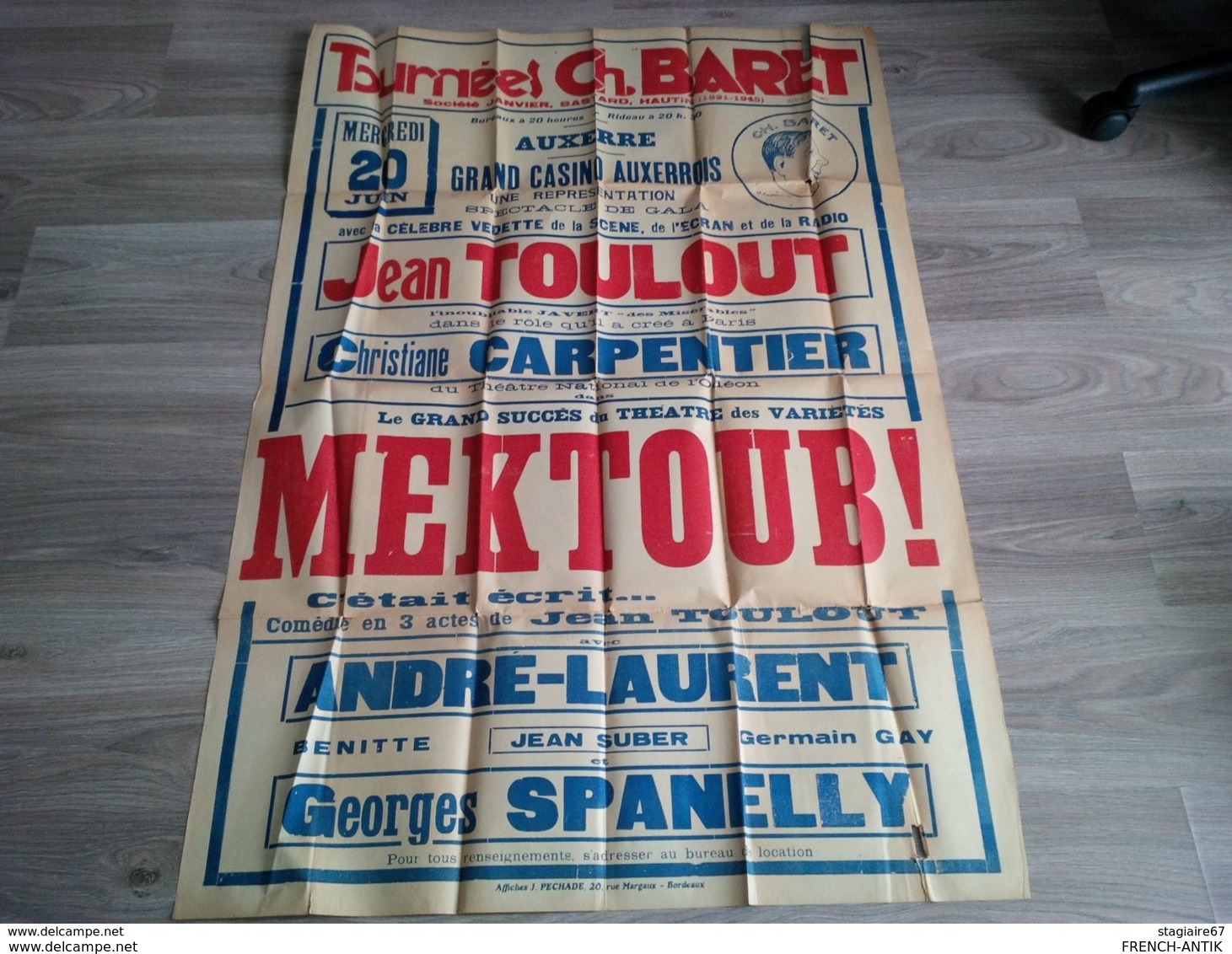 AFFICHE TOURNEE CH .BARET AUXERRE GRAND CASINO SPECTACLE 1945 MEKTOUB - Posters