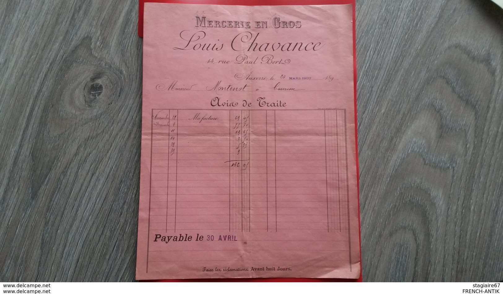 FACTURE MERCERIE EN GROS LOUIS CHAVANCE AUXERRE COURSON 20 MARS 1900  MR MONTENOT - Altri & Non Classificati