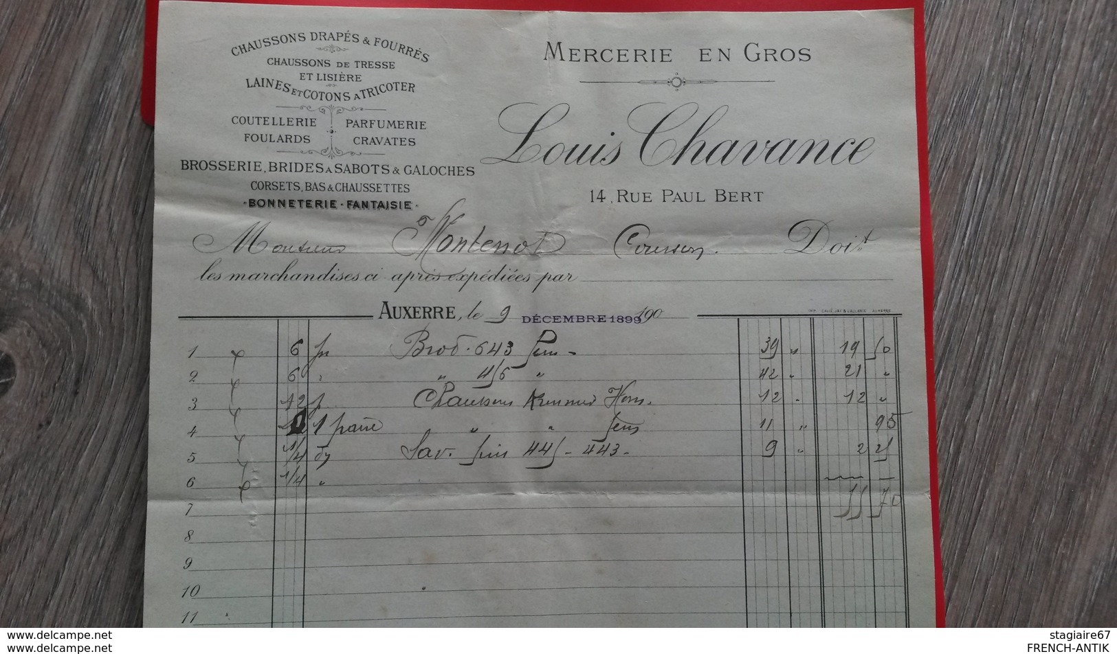 FACTURE MERCERIE EN GROS CHAUSSONS DRAPES ET FOURRES LOUIS CHAVANCE AUXERRE COURSON 9 DECEMBRE 1899 - Andere & Zonder Classificatie