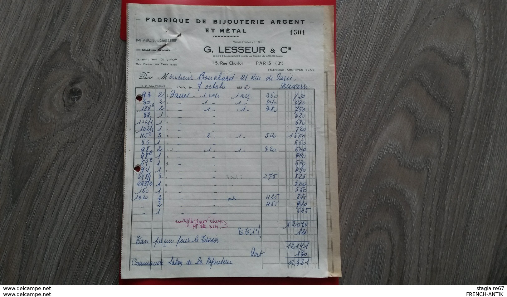 ENSEMBLE FACTURE FABRIQUE DE BIJOUTERIE ARGENT ET METAL G. LESSEUR ET CIE PARIS  OCTOBRE SEPTEMBRE ET NOVEMBRE  1952 - Autres & Non Classés