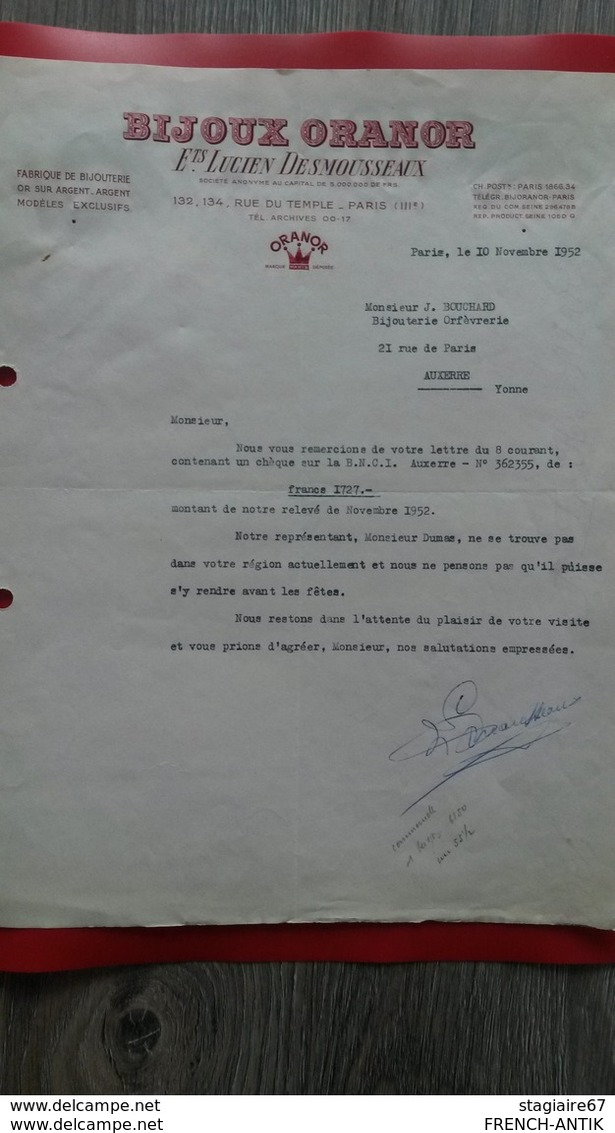 FACTURE BIJOUX ORANOR ETS LUCIEN DES MOUSSEAUX PARIS NOVEMBRE 1952 - Altri & Non Classificati
