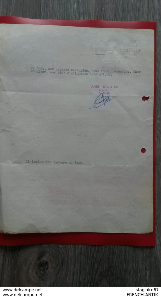 FACTURE FABRIQUE D HORLOGERIE JUVET ET BOUILLOD BESANCON SEPTEMBRE 1952 - Otros & Sin Clasificación