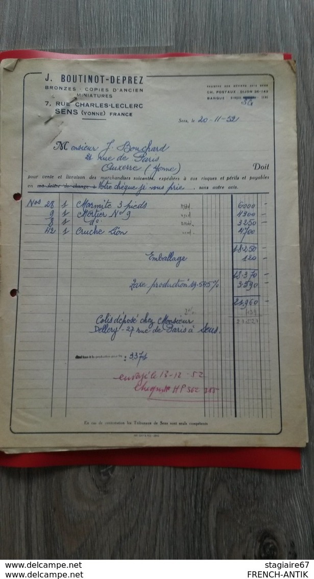 ENSEMBLE FACTURES J. BOUTINOT DEPREZ SENS NOVEMBRE DECEMBRE 1952 - Otros & Sin Clasificación