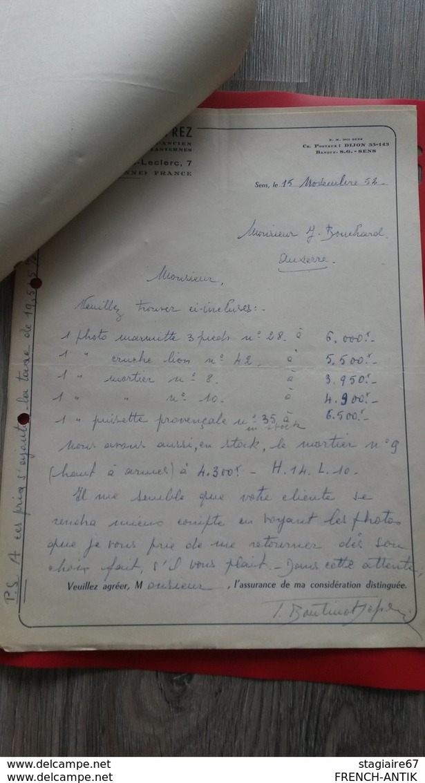 ENSEMBLE FACTURES J. BOUTINOT DEPREZ SENS NOVEMBRE DECEMBRE 1952 - Andere & Zonder Classificatie