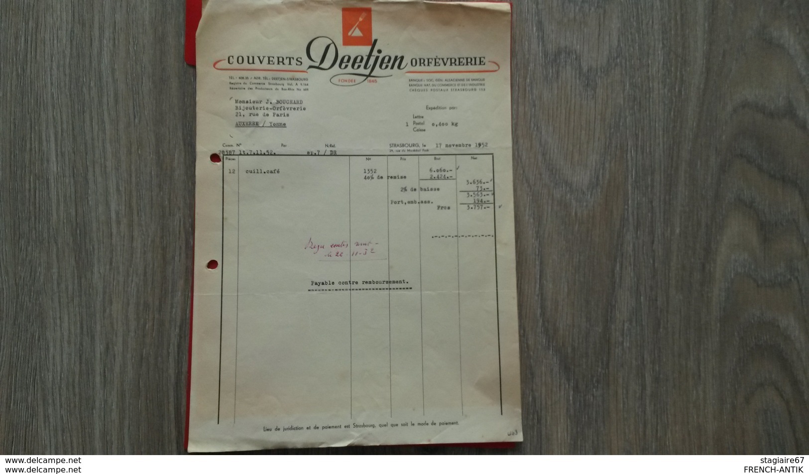 FACTURE COUVERTS DEETJEN ORFEVRERIE  AUXERRE YONNE 1952 - Autres & Non Classés