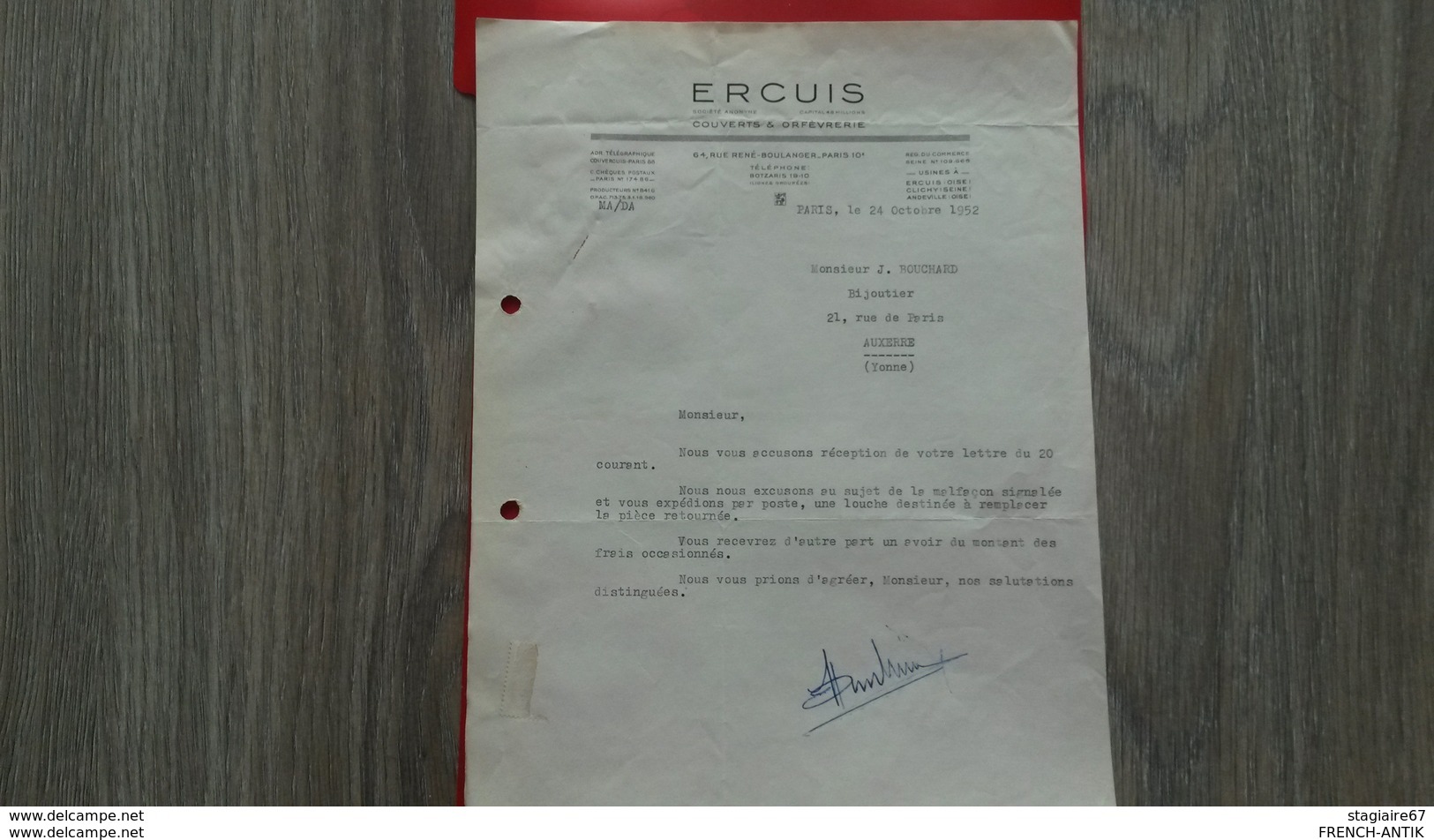 FACTURE ERCUIS COUVERTS ET ORFEVRERIE PARIS 1952 - Other & Unclassified